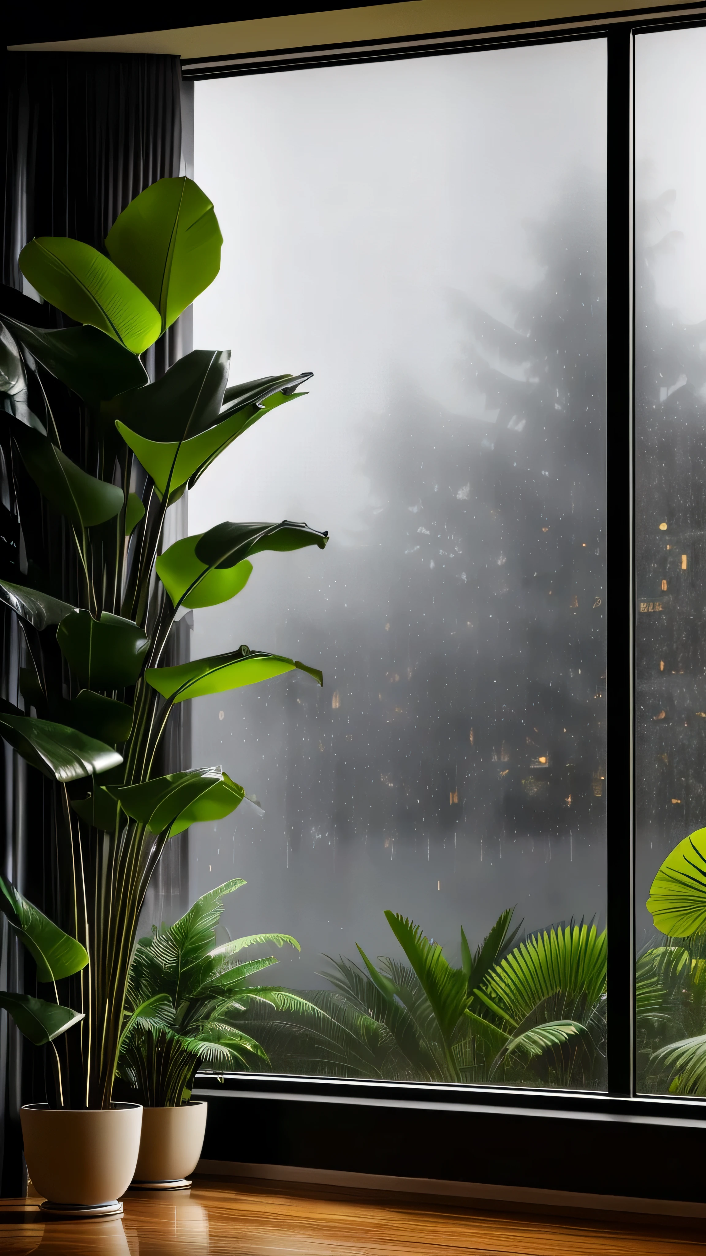 Mid-century modern living room dimly lit, outside is dark rainy nights, (foggy rainy nights: 1.2), Pacific Northwest, (dim lights: 1.4), (moody lights: 1.2), plants, large plants, rainy days, monstera, many plants, (foggy windows: 1.2), masterpiece, best quality, twilight, (night: 1.4), rainy nights, after sunset,