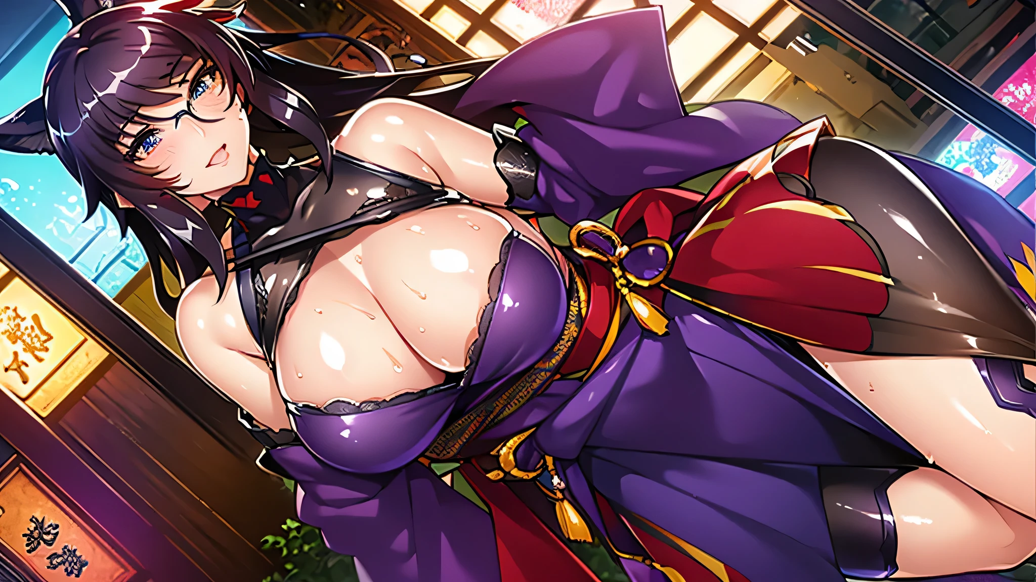 masterpiece、highest quality、1 girl , alone ,Taisho Modern、huge breasts、deep cleavage、 greenish black hair、ponytail、fox ears、Brightly colored eyes、blue eyes、black glasses、Dark purple kimono、red hair ornament、light purple long hakama、leather boots、flashy necklace、I can see your shoulders、sex、sexy、charm、Wet、face turns red , sitting、Night city seen from the window