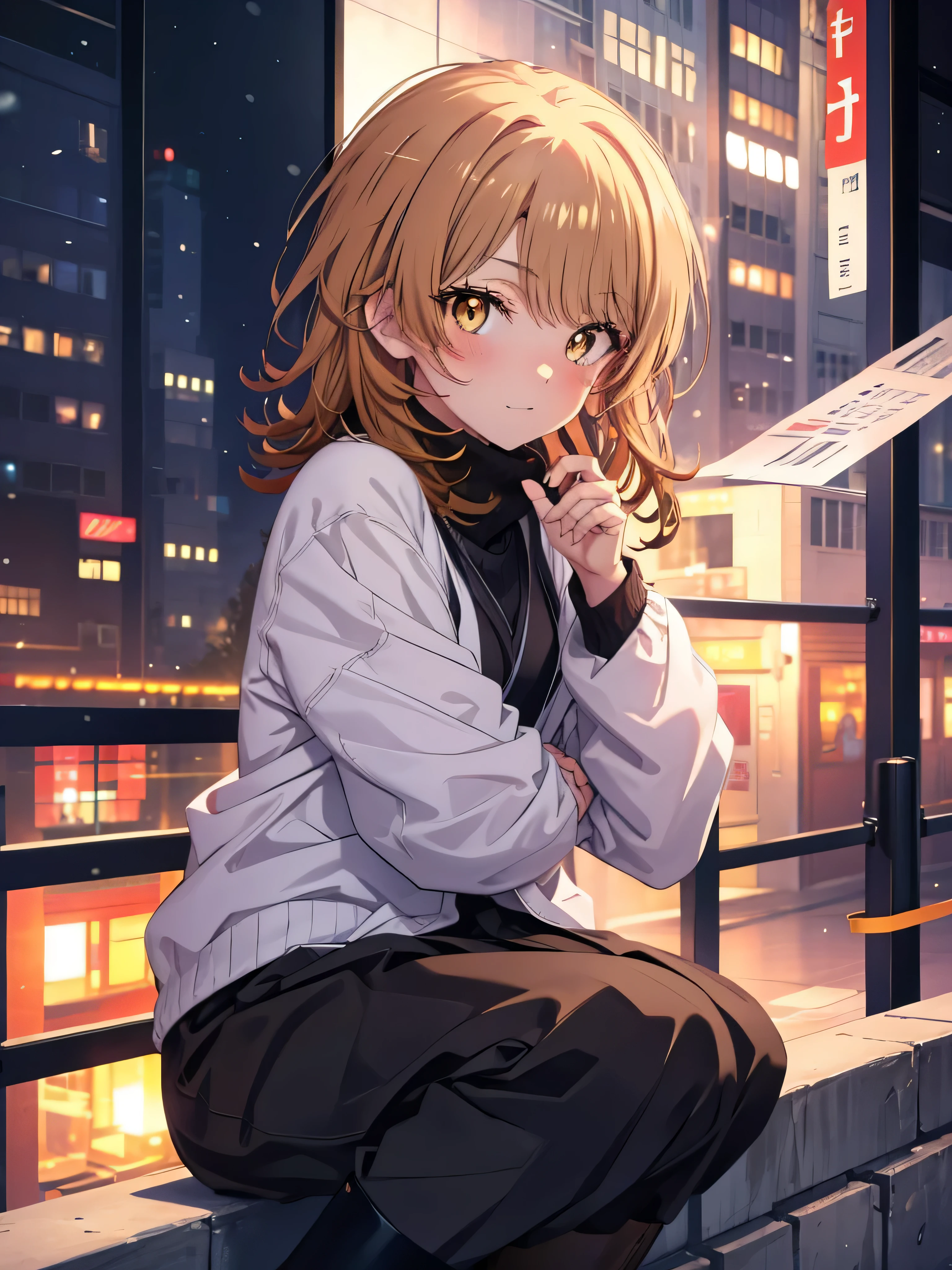 irohaisshiki, Isshiki Iroha, long hair, brown hair, (brown eyes:1.5), smile,blush,yellow long coat,sweater,red muffler,black long skirt,black tights,short boots,winter,that&#39;that&#39;It&#39;s snowing,
break outdoors, city,building street,
break looking at viewer,
break (masterpiece:1.2), highest quality, High resolution, unity 8k wallpaper, (shape:0.8), (beautiful and detailed eyes:1.6), highly detailed face, perfect lighting, Very detailed CG, (perfect hands, perfect anatomy), short hair