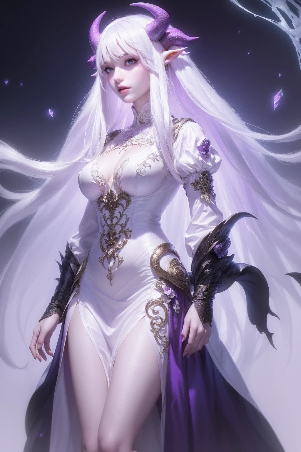 Designed by nty, one , alone, 8K, super high quality, Albino demon girl standing, dark clothes, Photographed from a distance, ( long white hair:1.3) , purple rose bush, (Rainbow gradient bioluminescent dress), Blue turtleneck sweater with tulle skirt, blink ,(long and complex horns:1.2), White background, colorful clothes, intricate details