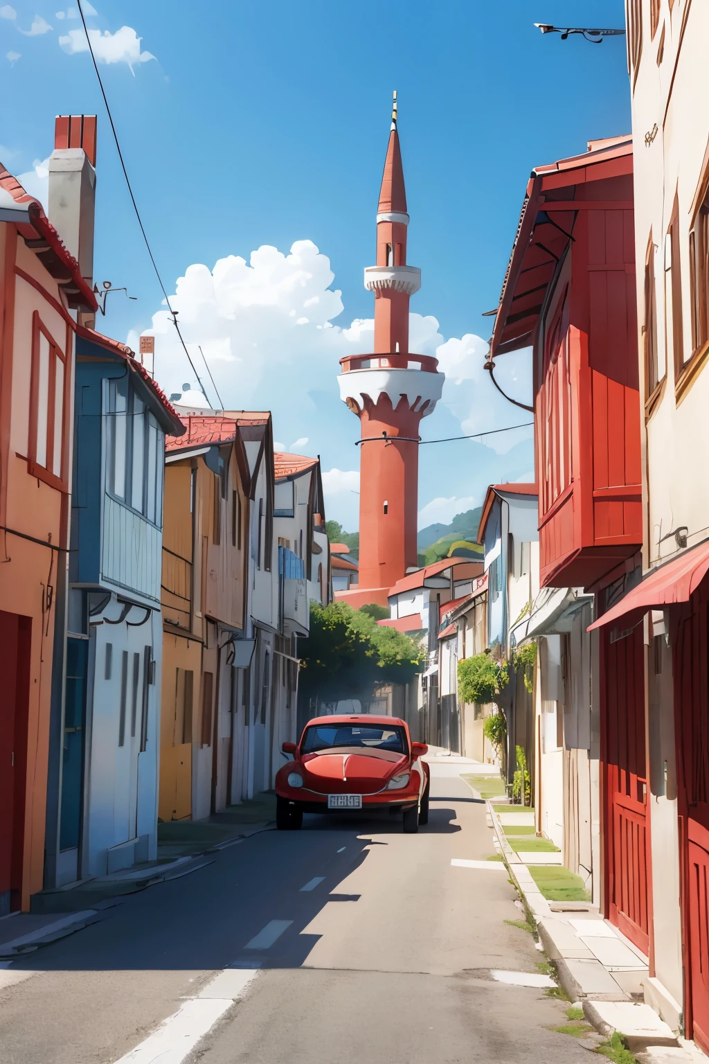 ((beautiful Turkish masjid at a coastal town with a red car in front, in Studio Ghibli art, anime-manga style --aspect ratio 9:16 --stylization 1000--))
A breathtaking Turkish masjid, located at a serene coastal town, is depicted in this captivating work of anime-manga art. With an aspect ratio of 9:16 and intricate stylization of 1000, every detail is brought to life. A vibrant red car, seemingly fresh and untouched by the salty air of the sea, is parked in front of the masjid, adding an unexpected yet