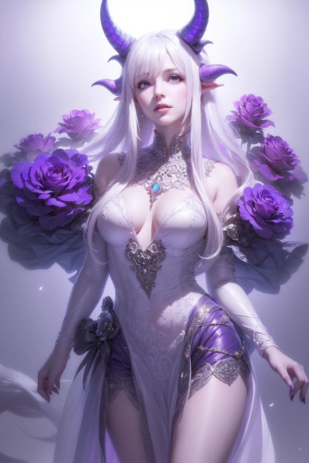 Designed by nty, one , alone, 8K, super high quality, Albino demon girl standing, dark clothes, Photographed from a distance, ( long white hair:1.3) , purple rose bush, (Rainbow gradient bioluminescent dress), Blue turtleneck sweater with tulle skirt, blink ,(long and complex horns:1.2), White background, colorful clothes, intricate details