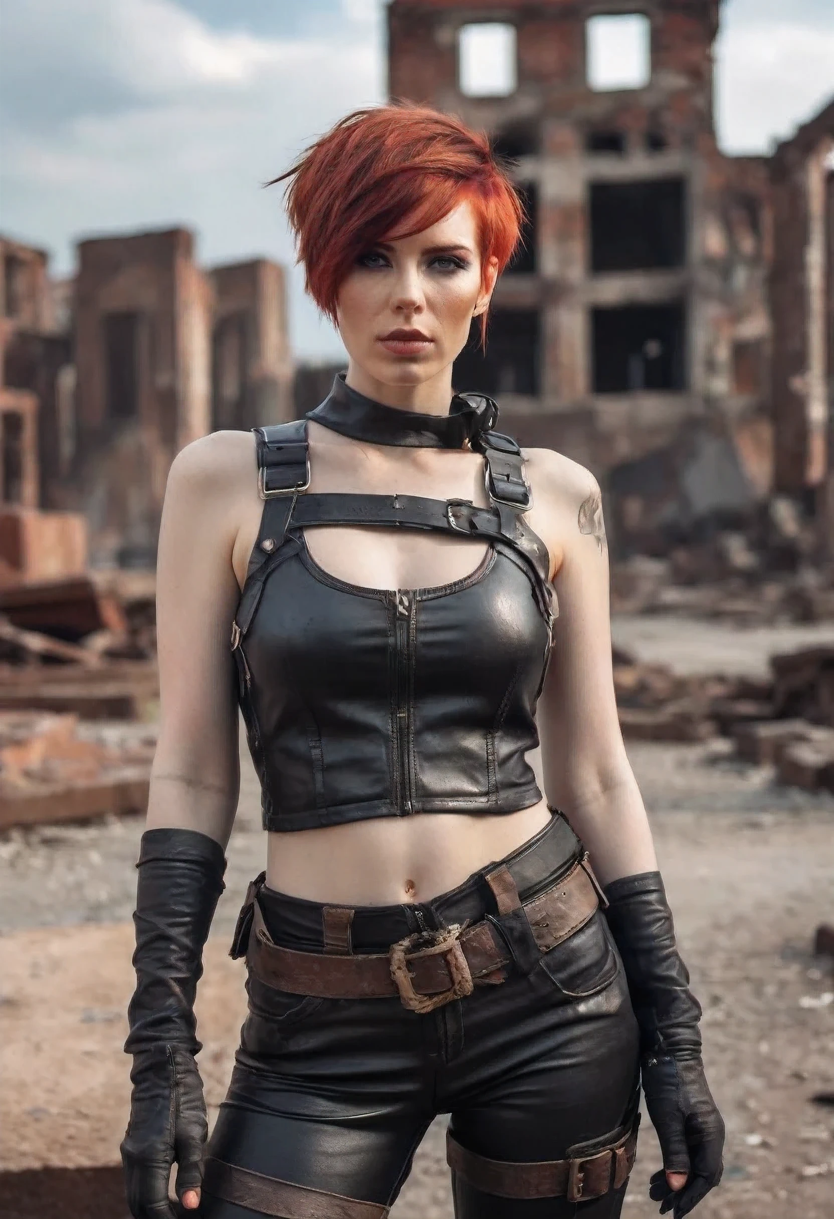 a mid portrait photo of 30 y.o woman in wastelander clothes, red hair, short haircut, pale skin, slim body, the background is city ruins, clean face, wearing a leather outfit, realistic textured eyes, (high detailed skin:1.2),8k uhd, dslr, soft lighting, high quality