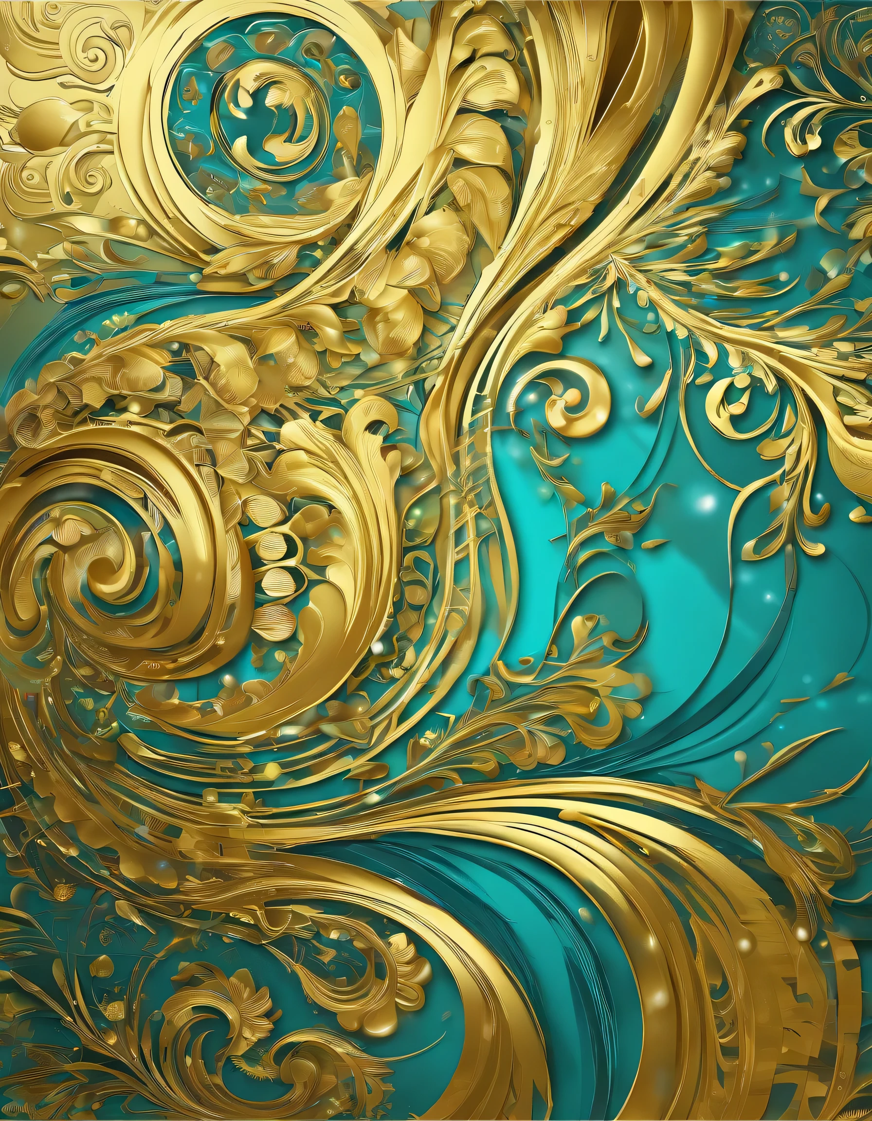 High quality work, Abstract Wall Painting Luxury Gold Painting, Indonesian Batik in Gold and Turquoise, Modern Canvas Art Painting Print Elegant Panel Art Picture Set