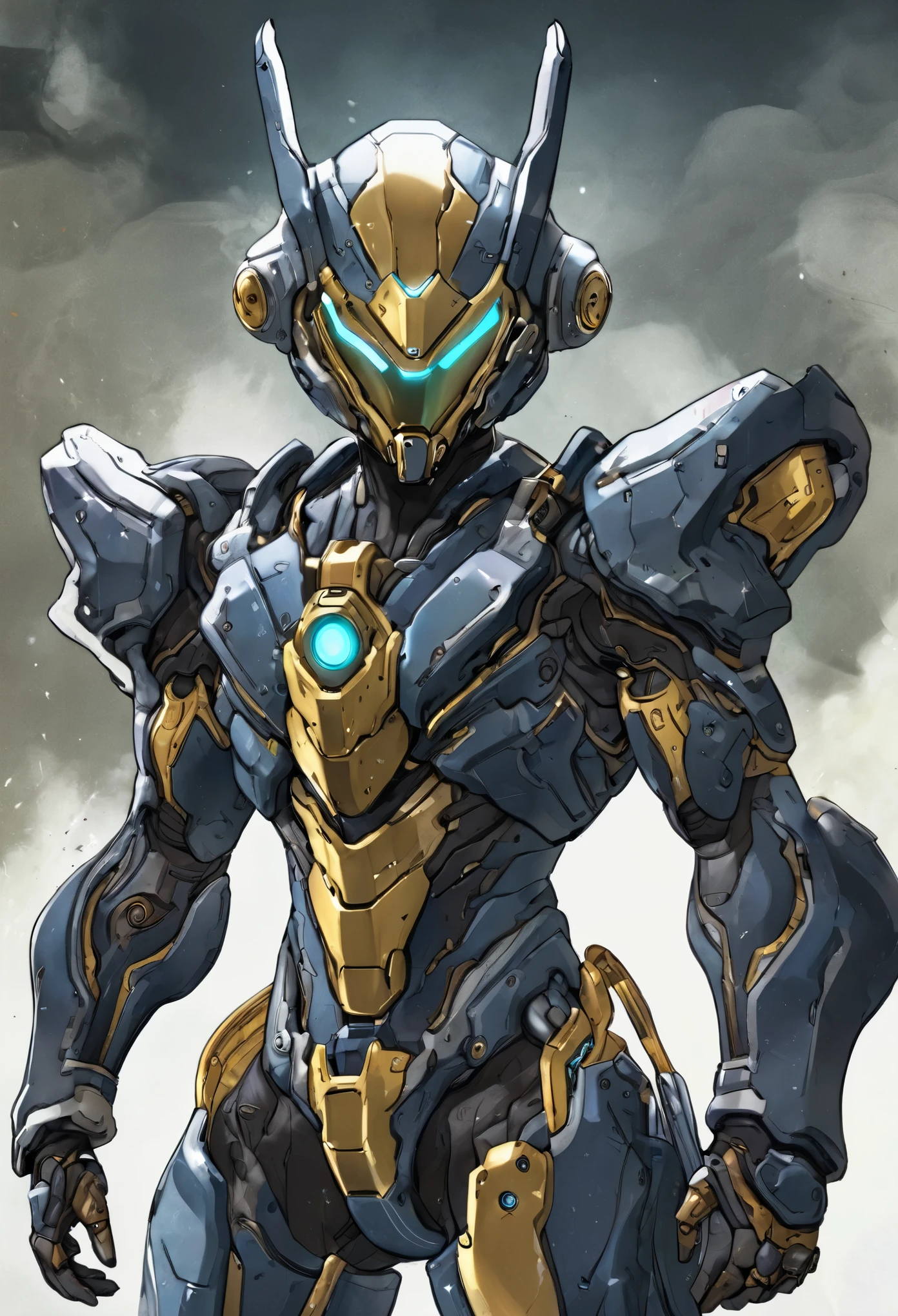Wearing a mechanical suit, mechanical marvel, cyberpunk, cybernetic guardian, futuristic armor, whole body, frontal pose, symmetry, complex (steel metal [rust]), joint, Warframe style, cyborg, Male body and armor, chainsaw man  