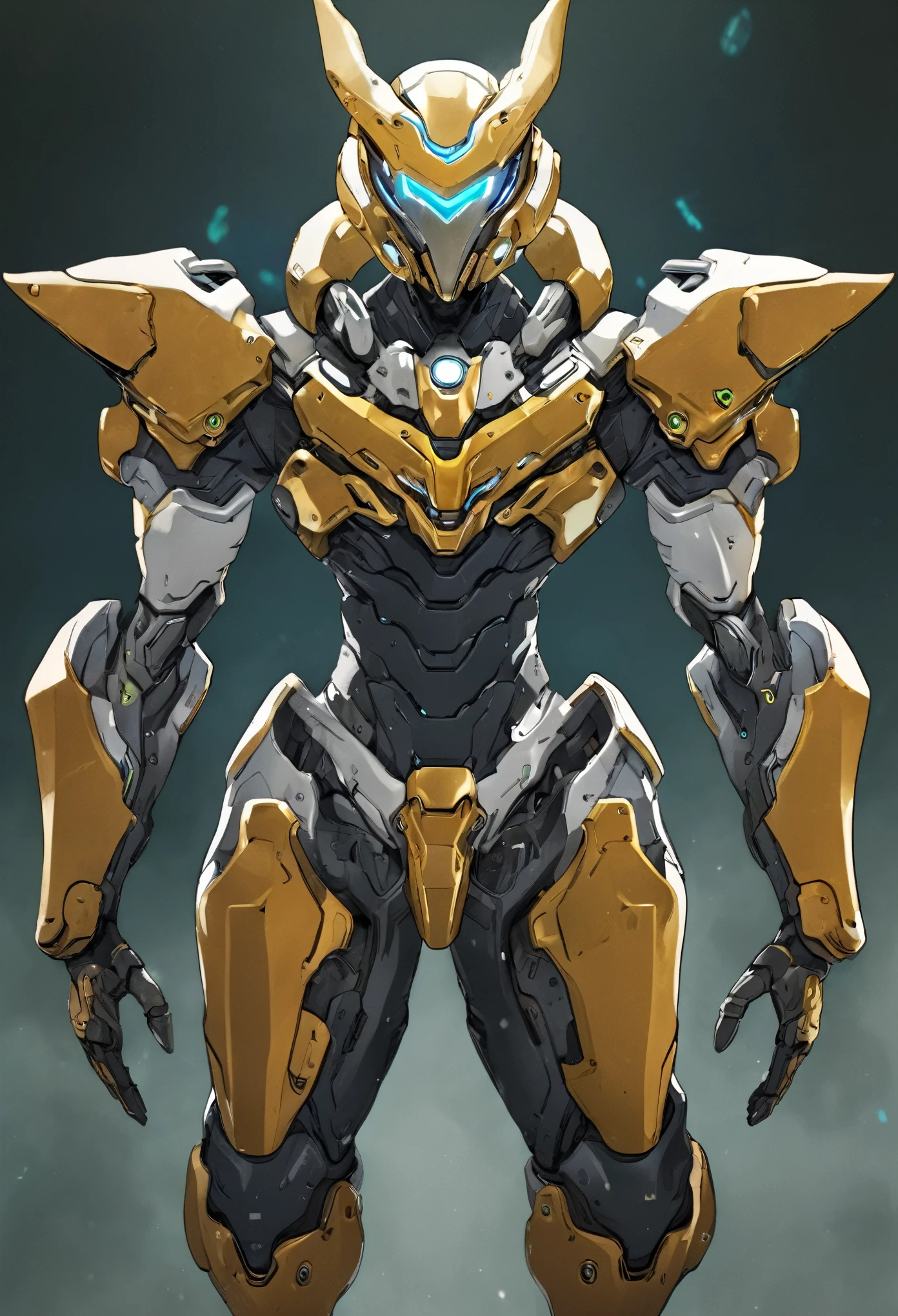 Wearing a mechanical suit, mechanical marvel, cyberpunk, cybernetic guardian, futuristic armor, whole body, frontal pose, symmetry, complex (steel metal [rust]), joint, Warframe style, cyborg, Male body and armor, chainsaw man  