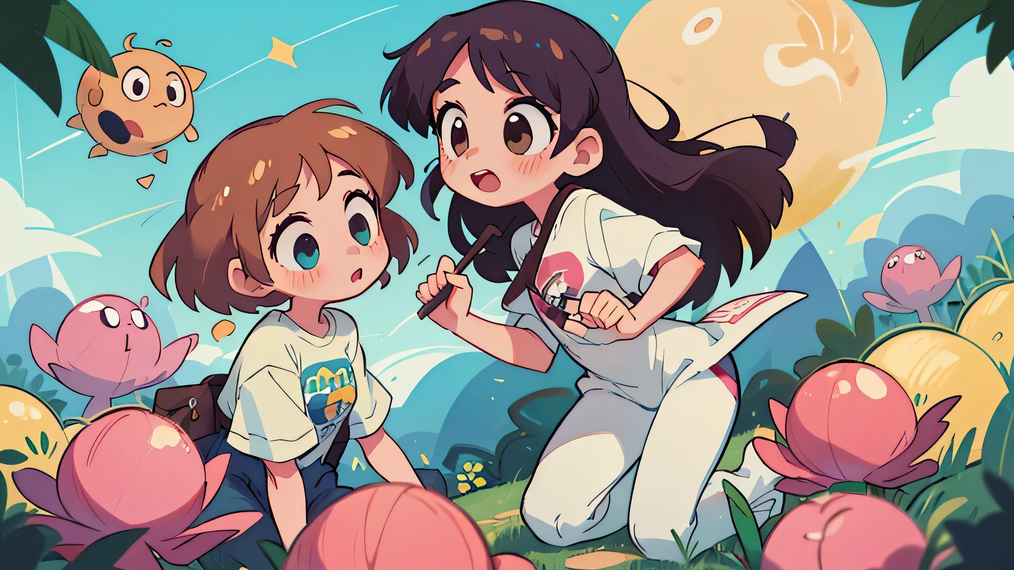 Construir com Blocos de Montar (fundo branco)- (Two brunette twins, de 5 anos, roupas rosa) Elas aprendem sobre as cores enquanto pintam e exploram o mundo ao seu redor. (twin girls)