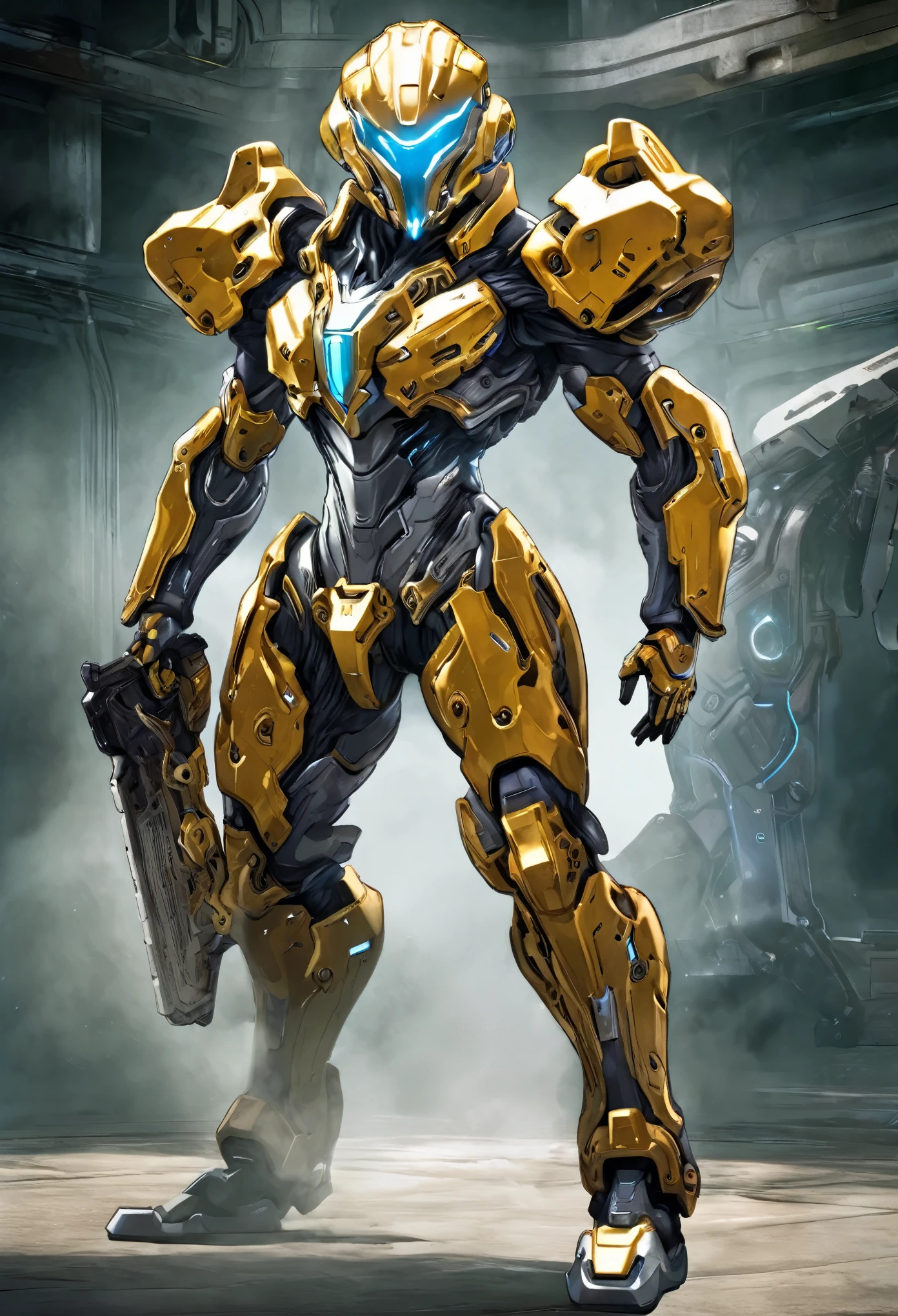 Wearing a mechanical suit, mechanical marvel, cyberpunk, cybernetic guardian, futuristic armor, whole body, frontal pose, symmetry, complex (steel metal [rust]), joint, Warframe style, cyborg, Male body and armor, chainsaw man  