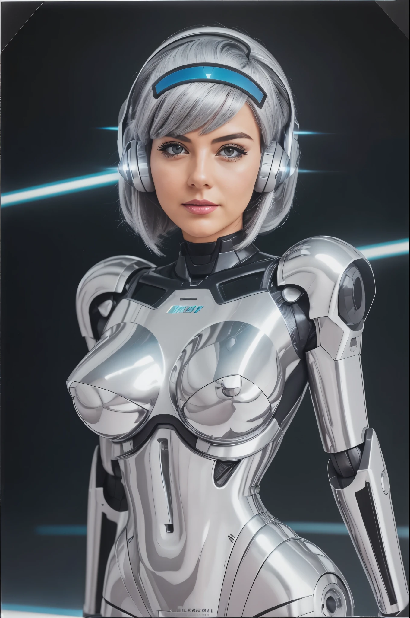 your chilean cosplayer girlfriend as a robotic reploid woman, 40 years old, she use silver lipstick, futuristic headset, sci fi visor. casual instagram photography, fisheye, up down angle, dark gray platinum hair color, short bob hair style, silver metallic cute bangs, light curled hair, she stands up at atention, blank expression, with a dark gray platinum coated robot body, 1990 polaroid picture, noise, filters, vintage, fisheye photo Manhattan heights outside,