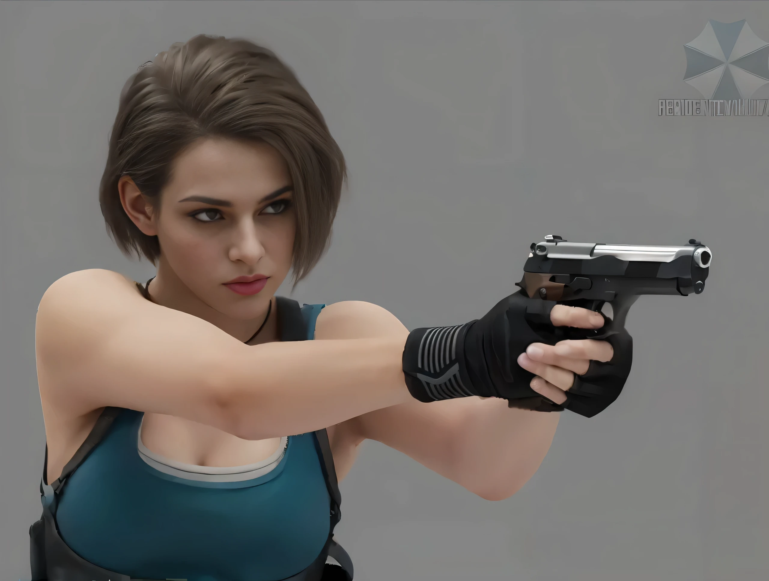 a close up of a woman holding a gun in a pose, full body shot hyperdetailed, casual pose, female lead character, glamorous jill valentine, full body female, chloe price, photorealistic full body, full body render, full body close-up shot, realistic character concept, female character, full body picture, dramatic wielding gun pose, cinematic pose, ultra detailed character.  Realistic, high detailed boots,  ultra detailed face,  blue eyes,  realistic eyes,  high detailed face, ultra detailed skin.  Ultra detailed hair, high detailed fingrs,  high detailed gun,  realistic gun.  Cinematic. 