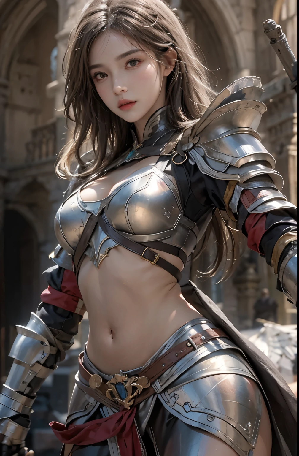 lifelike, High resolution, 1 female, alone, Hips raised, look at the audience, (Detailed face), Medium chest, knights armor, corner wing