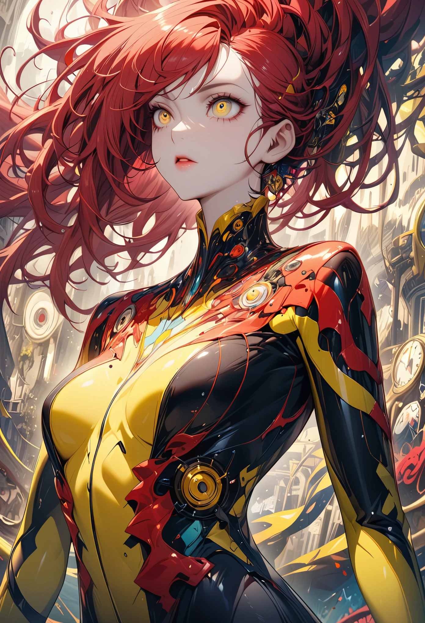 beautiful tall woman,Red hair,yellow eyes,Surreal,Detailed suit