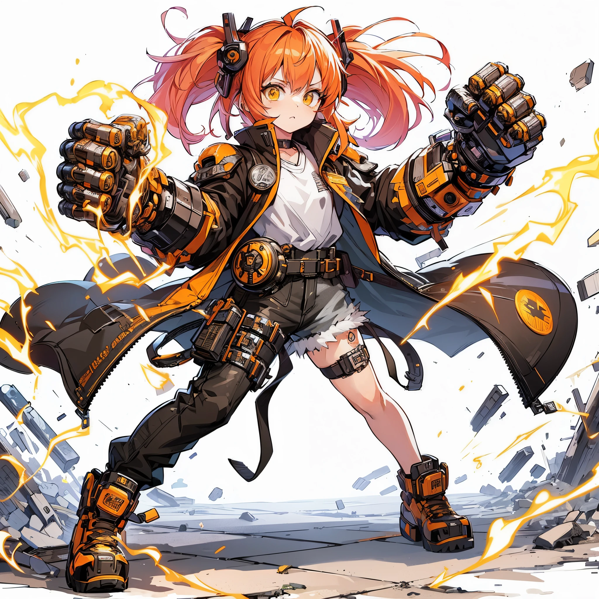 (masterpiece, best quality), ultra detailed, anime style, full body, solo, cute cyberpunk KARATE girl, orange hair and yellow eyes, cyberpunk outfit, hi-tech gauntlets, Lightning and thunder in the air, hi-tech boots, standing in wasteland, digital painting, 8K high resolution, art station trend, white background, whole body,