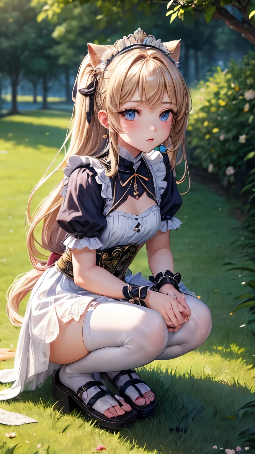 ( girl whole body :1.7)（（best quality））， （（master piece））， （detailed：1.4），(14-year-old beautiful girl:1.6),（with panoramic view：1.2，full body esbian：1.2） (:1.2) Beautiful image of rosé,, , Maid Dress, cat shaped headdress, Blonde hair in a tween ponytail, blue eyes,, cat tail, jewelry, earrings ,compensate, blush delicate face, correct move , stockings, squatting legs, strap sandals ,Beautiful and detaileded Ribbon HEELS , Wallapā,, beautiful style, beautiful girl , very beautiful girl ,, Get a glimpse of the contours of her skin and chest （best qualityと最高のディテール，master piece，official art，movie light effects，4k)

