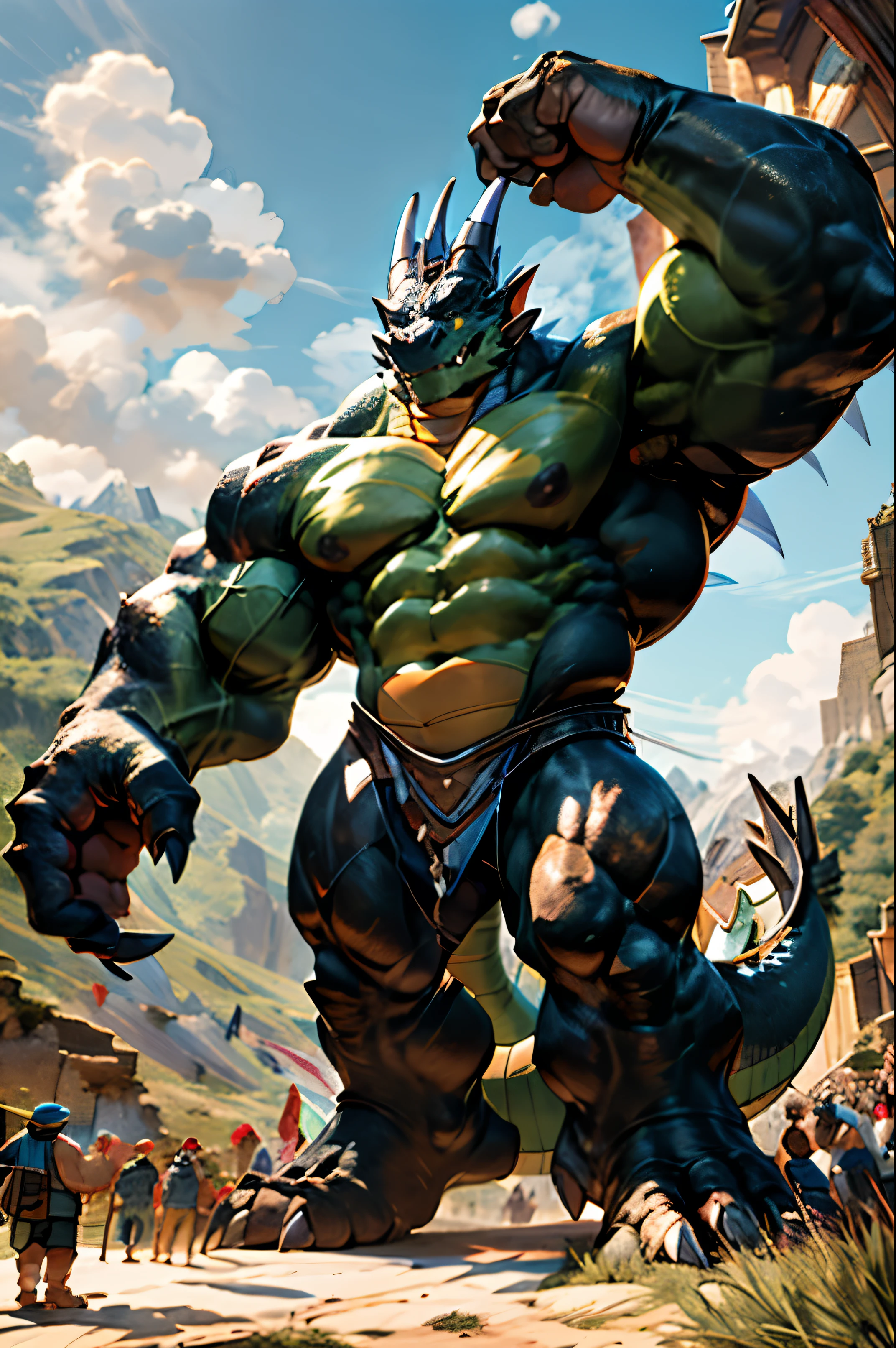 hairy，Dragon Orc，black body，Towering giants，huge，higher than a mountain，Height 1999 meters，looking up perspective，从huge脚底往上看，naked，muscular，chest muscles，abdominal muscles，crowd，outdoor，open mountain forest，blue sky