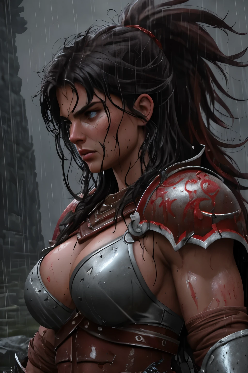 style,Epic illustration of a barbarian warrior woman, standing resolute in the pouring rain,looking at the camera, close up, evoking the grandeur of Gladiator, soaked in blood, undamaged details, while rendering with dynamic lighting, sweeping camera angles, and intense emotional depth,cinematic background, cinematography in artistic style, large strokes, finalized with ink, fine lines
