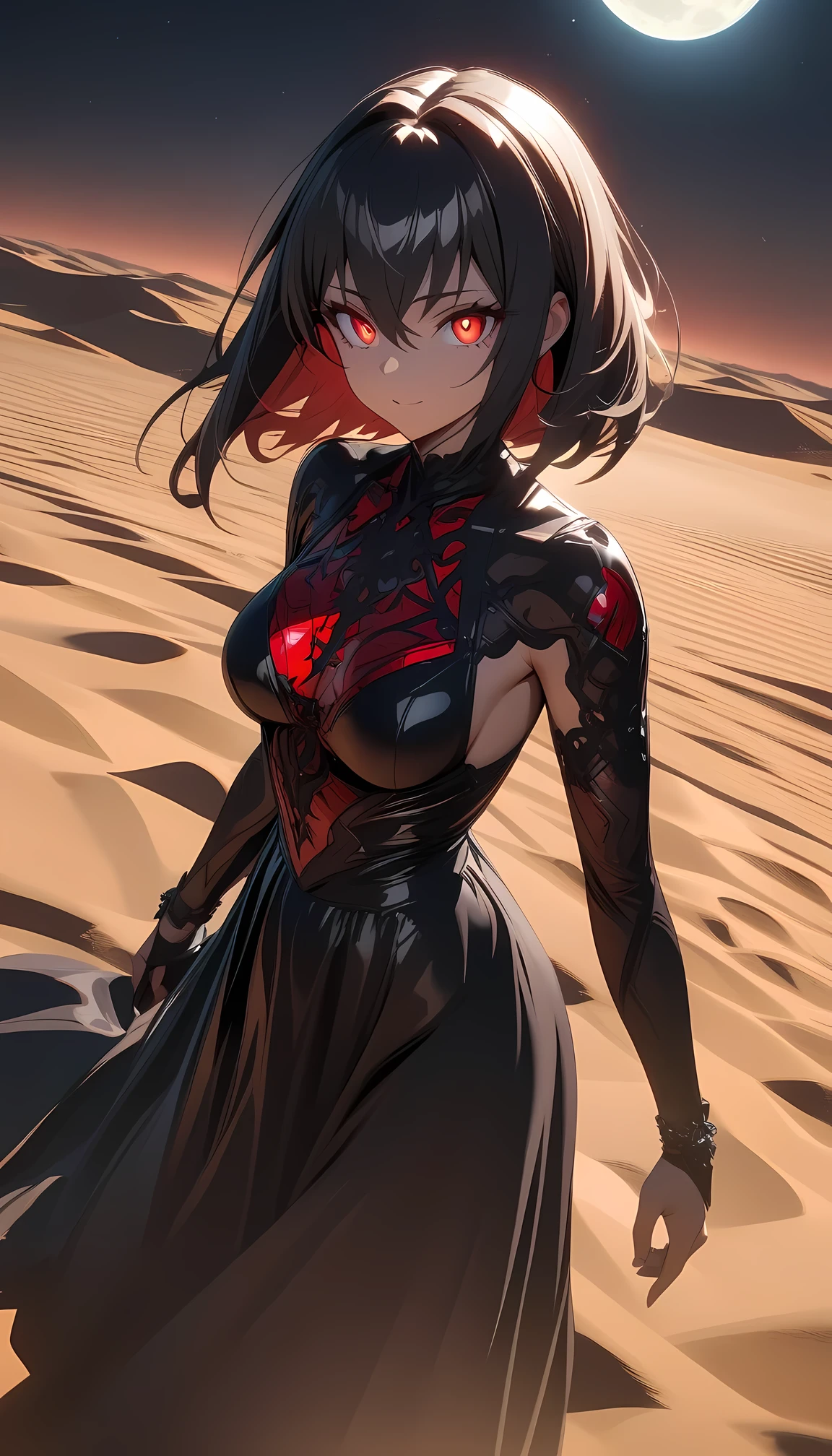 phong shading, ray tracing, hdr, masterpiece, best quality, absurdres, (insanely detailed 1girl beautiful anime:1.4), desert, moon background, starry sky, black dress, epic shadow, red glowing eyes,