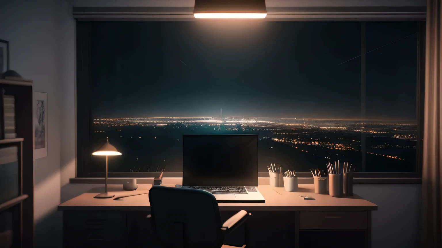 there is a desk with a laptop and a lamp on it, behind window with night city view, a detailed matte painting inspired by Atey Ghailan, trending on cg society, digital art, detailed cinematic render, photorealistic cinematic render, ps5 cinematic screen capture, detailed cinematic shot, cinematic render unreal engine, the cyberpunk apartment, cinematic render, cinematic establishing shot, 8k vray render, cinematic rendering