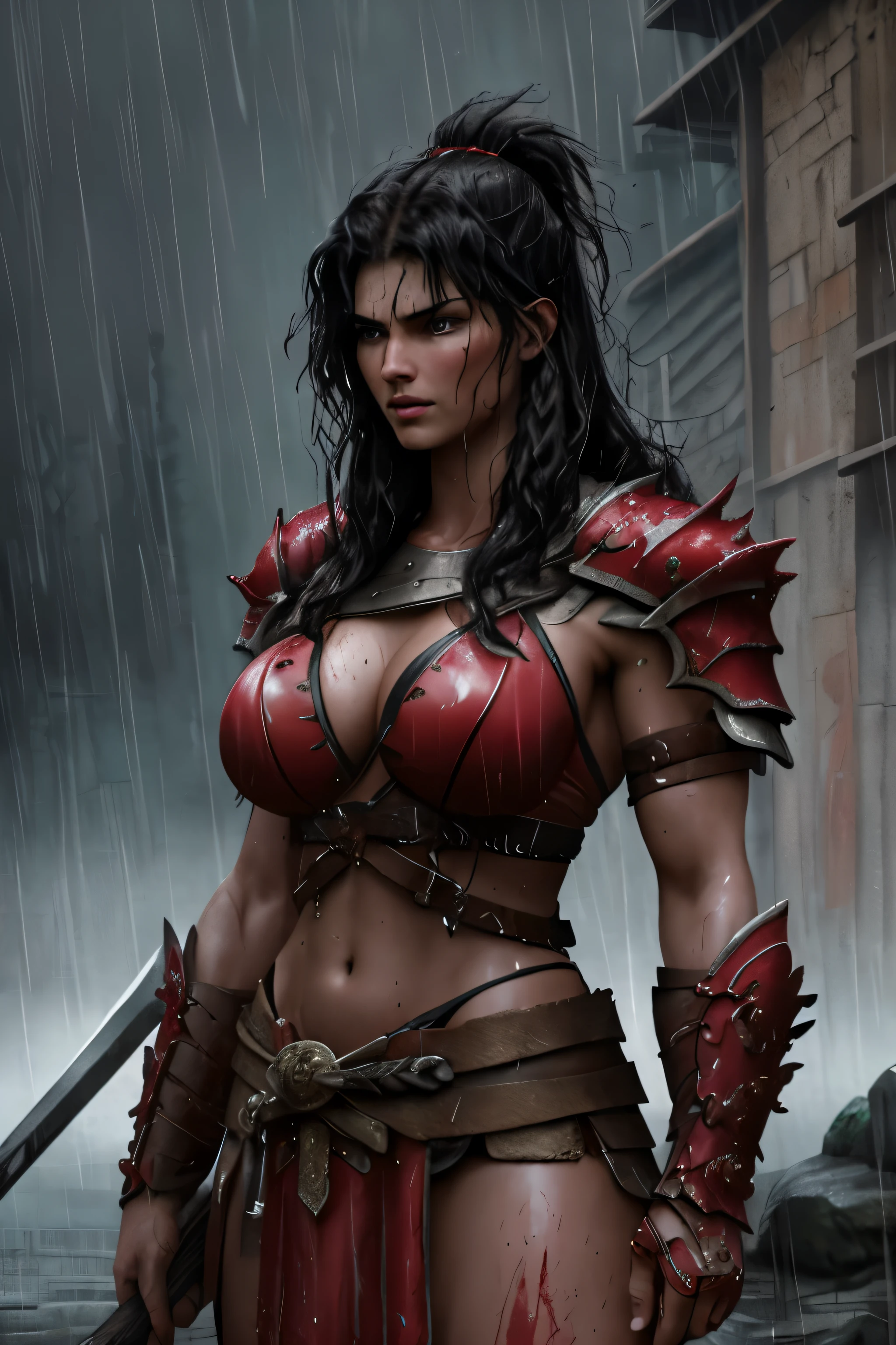 style,Epic illustration of a barbarian warrior woman, standing resolute in the pouring rain,looking at the camera, close up, evoking the grandeur of Gladiator, soaked in blood, undamaged details, while rendering with dynamic lighting, sweeping camera angles, and intense emotional depth,cinematic background, cinematography in artistic style, large strokes, finalized with ink, fine lines