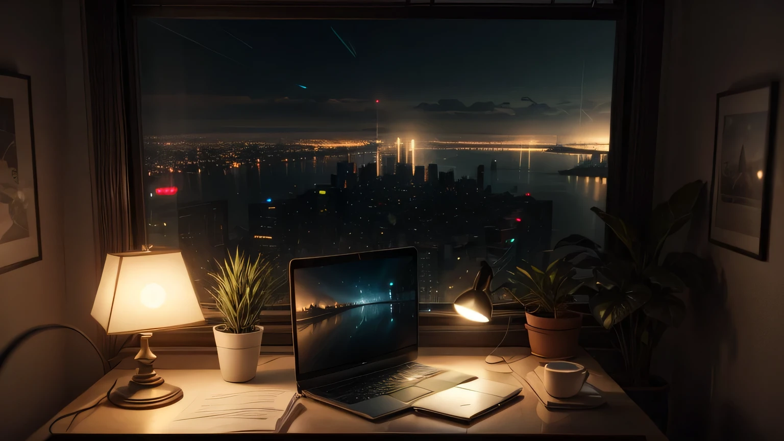 there is a desk with a laptop and a lamp on it, behind window with night city view, laptop show working, a detailed matte painting inspired by Atey Ghailan, trending on cg society, digital art, detailed cinematic render, photorealistic cinematic render, ps5 cinematic screen capture, detailed cinematic shot, cinematic render unreal engine, the cyberpunk apartment, cinematic render, cinematic establishing shot, 8k vray render, cinematic rendering
