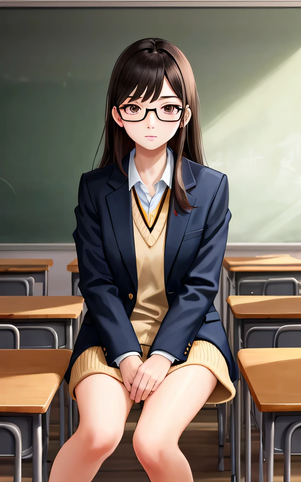 A keen girl, brown eyes,  sitting in classroom , student with glasses, long hair, Korean modern high school student clothes, casual style, ultra high Quality potrait