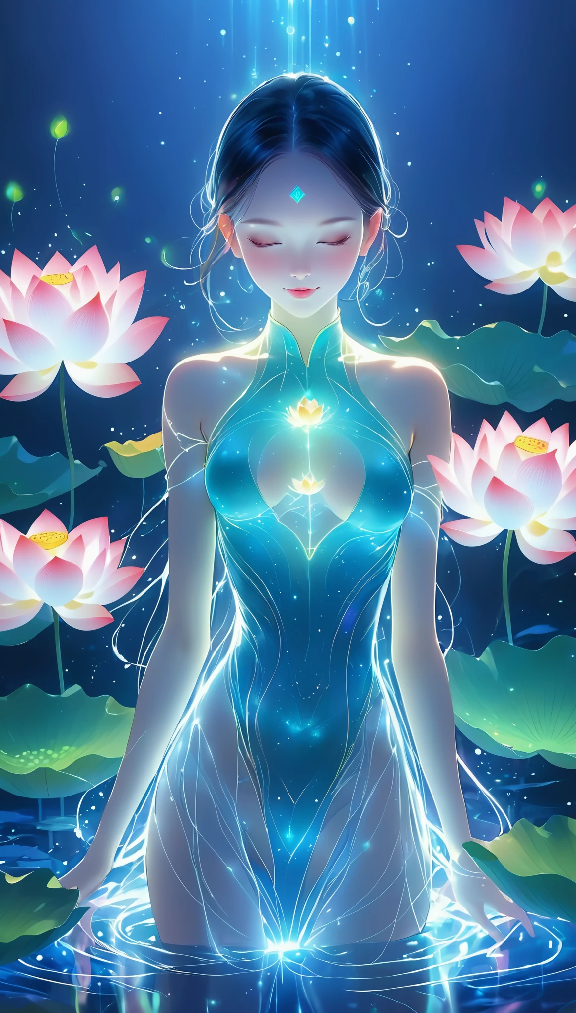 (masterpiece, best quality:1.2), In digital art style, charming illustration,1 girl, grace,alone,body glow,Glowing lotus,Glowing lines,fluorescence,glow example,Example tracking,flash,萤light particles,Backlight,Translucent,light particles,Correct human anatomy,