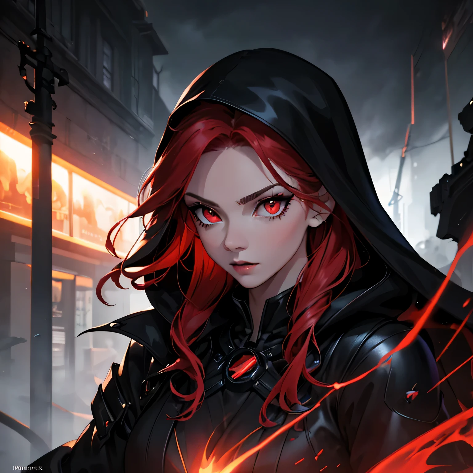 Melhor qualidade, realista, uma garota com cabelo ruivo e olhos e rosto detalhados, com olhos vermelhos brilhantes, Lightning Around, usando um vestido preto, com um sobretudo preto, and a person with a black hood on their head. The scene portrays a huntress inspired by the style of Van Helsing. The background is dark, mysterious scenery with dimly lit streets and fog. The colors are rich and vibrant, com uma paleta de cores escuras e temperamentais. The lighting is dramatic, casting long shadows and highlighting the girl's determined expression. The overall image should have a cinematic and exciting atmosphere, capturing the essence of a fierce and skilled huntress in action.