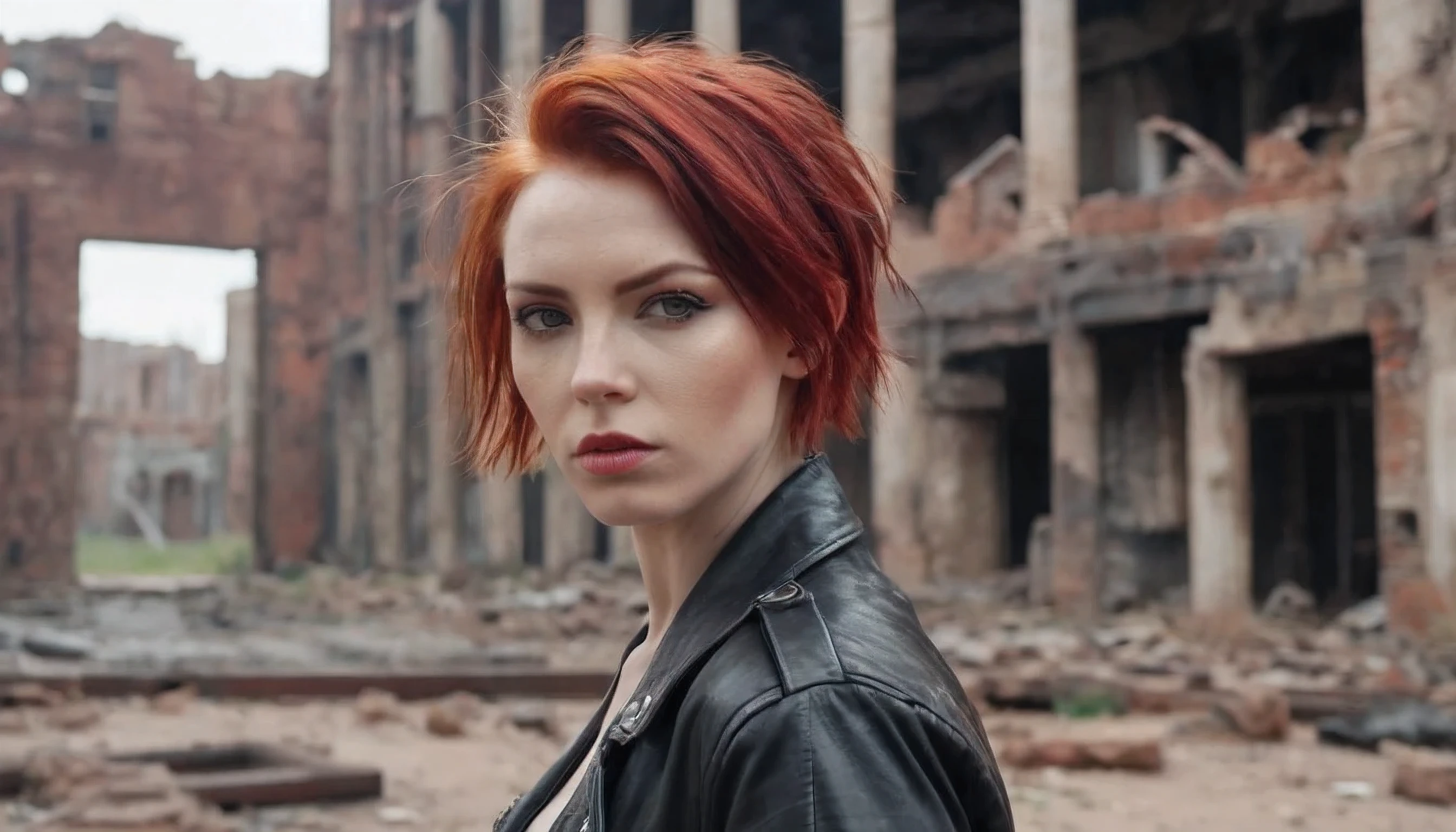 a mid portrait photo of 30 y.o woman in wastelander clothes, red hair, short haircut, pale skin, slim body, the background is city ruins, clean face, wearing a leather outfit, realistic textured eyes, (high detailed skin:1.2),8k uhd, dslr, soft lighting, high quality