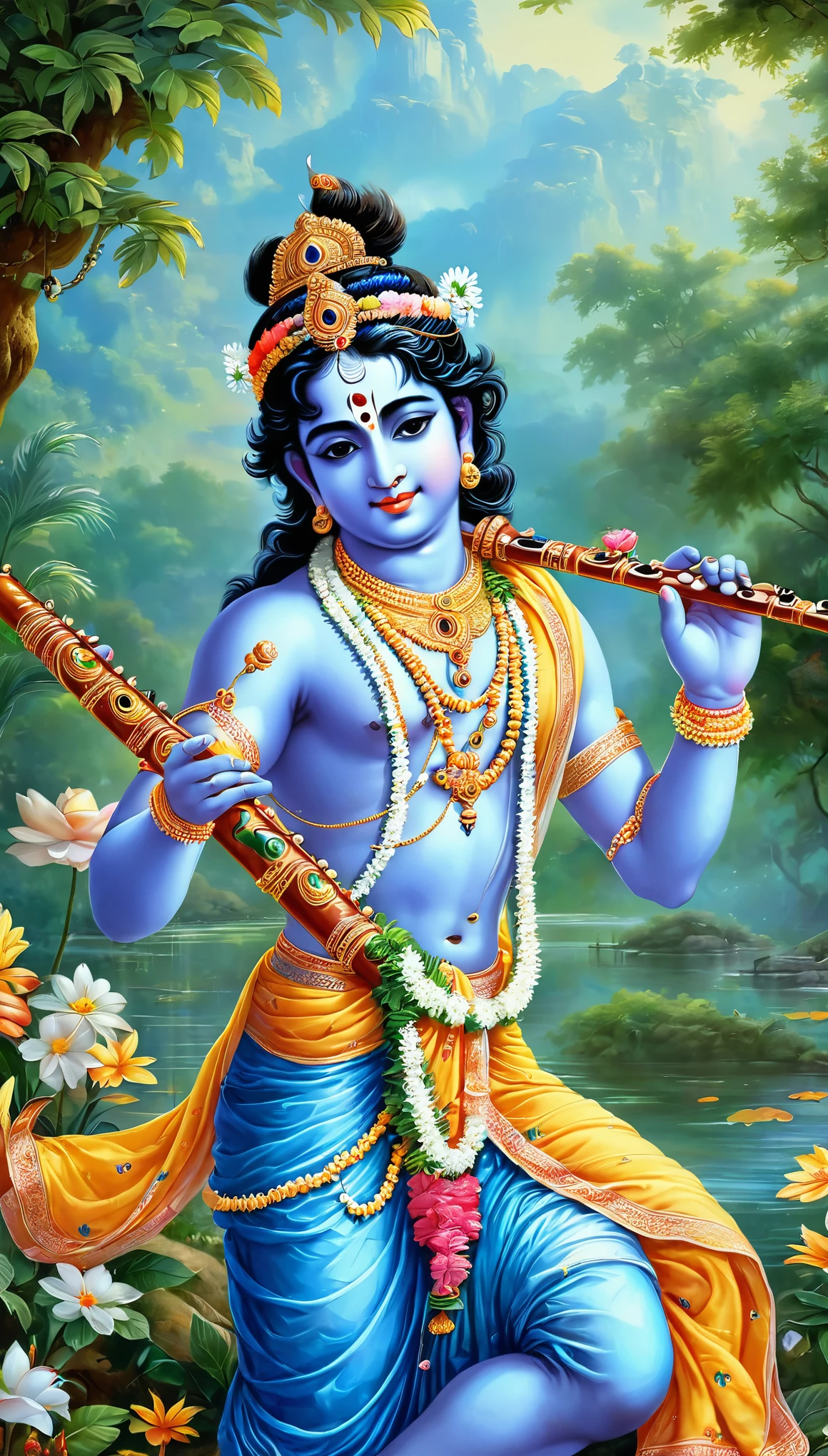 The entire body of Lord Krishna must be blue colour, wearing beautiful dresses, face of lord Krishna must be divine, beautiful, calm, lord Krishna wearing flower garlands, Lord Krishna playing flute ,