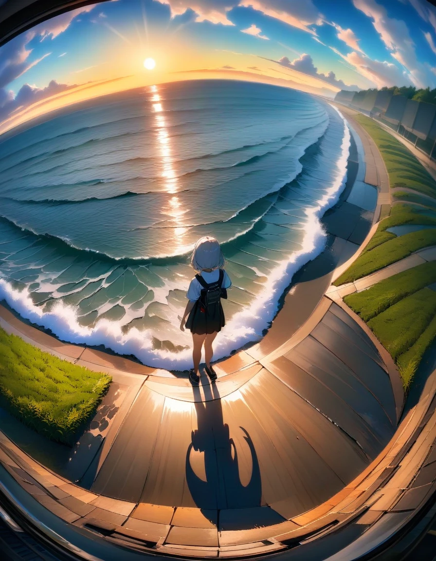 1girl, Ultra Wide Angle, aesthetic, extremely detailed, very aesthetic, absurdres, (best quality,4k,8k,highres,masterpiece:1.2),ultra-detailed,ultra wide angle,lens distortion,vivid colors,contrast,bokeh,low angle view,dramatic,grandiose,architectural beauty,expansive space,sweeping panoramic view,dynamic lines,imposing structures,cityscape,skyline,wide open sky,cloud formations,light and shadow play,emergent skyscrapers,modern urban architecture,spectacular visual impact,immersive experience,heroic scale