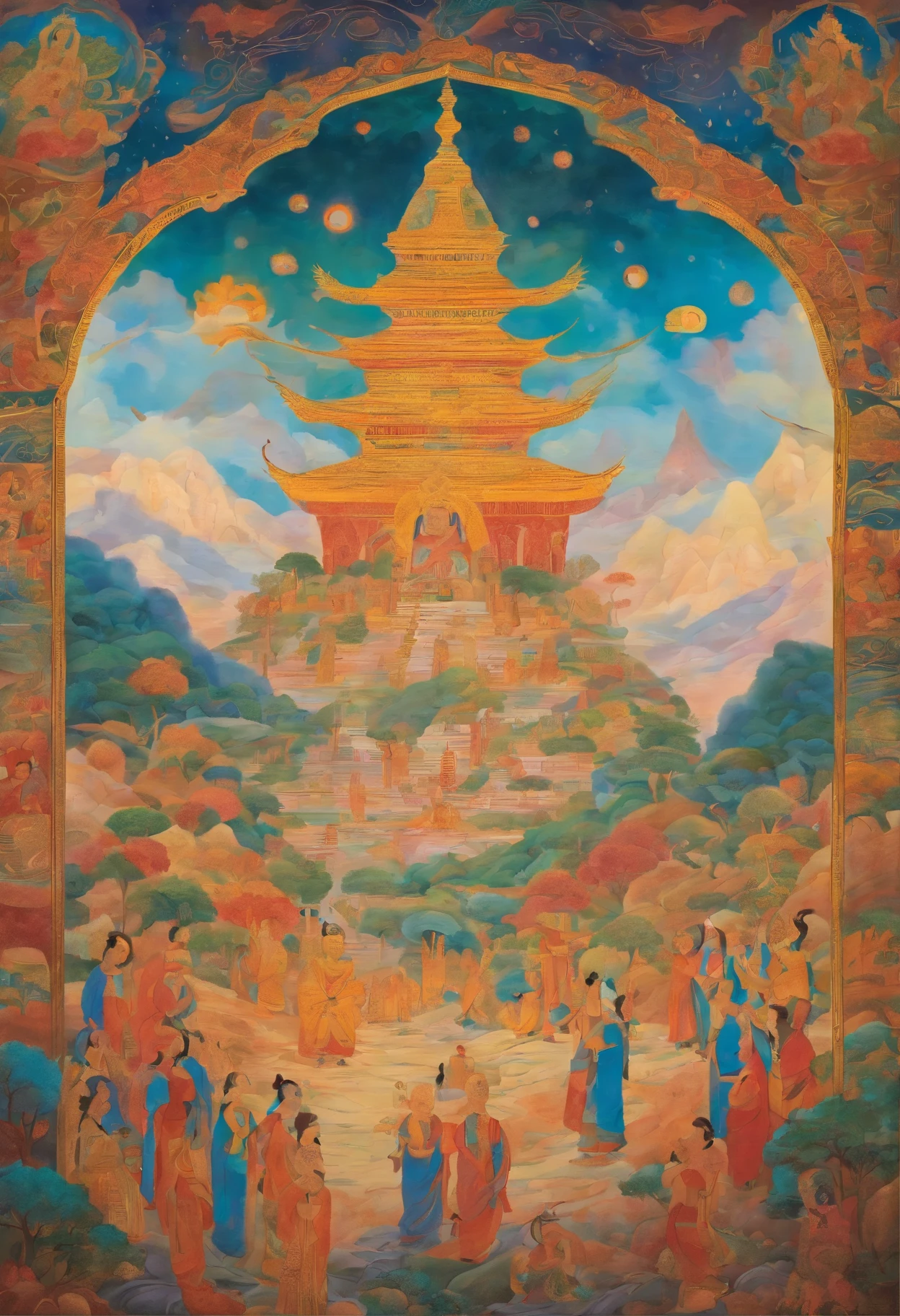 Close-up of a painting of a large group of people, Thangka, tibetan Thangka, Hidden paintings, Puskara Kuda, buddhist art, Buddha, Kunti Ranak on Bayan Tree, super fine, Karma for tomorrow, Jayasubog, reincarnation, Full view 8K