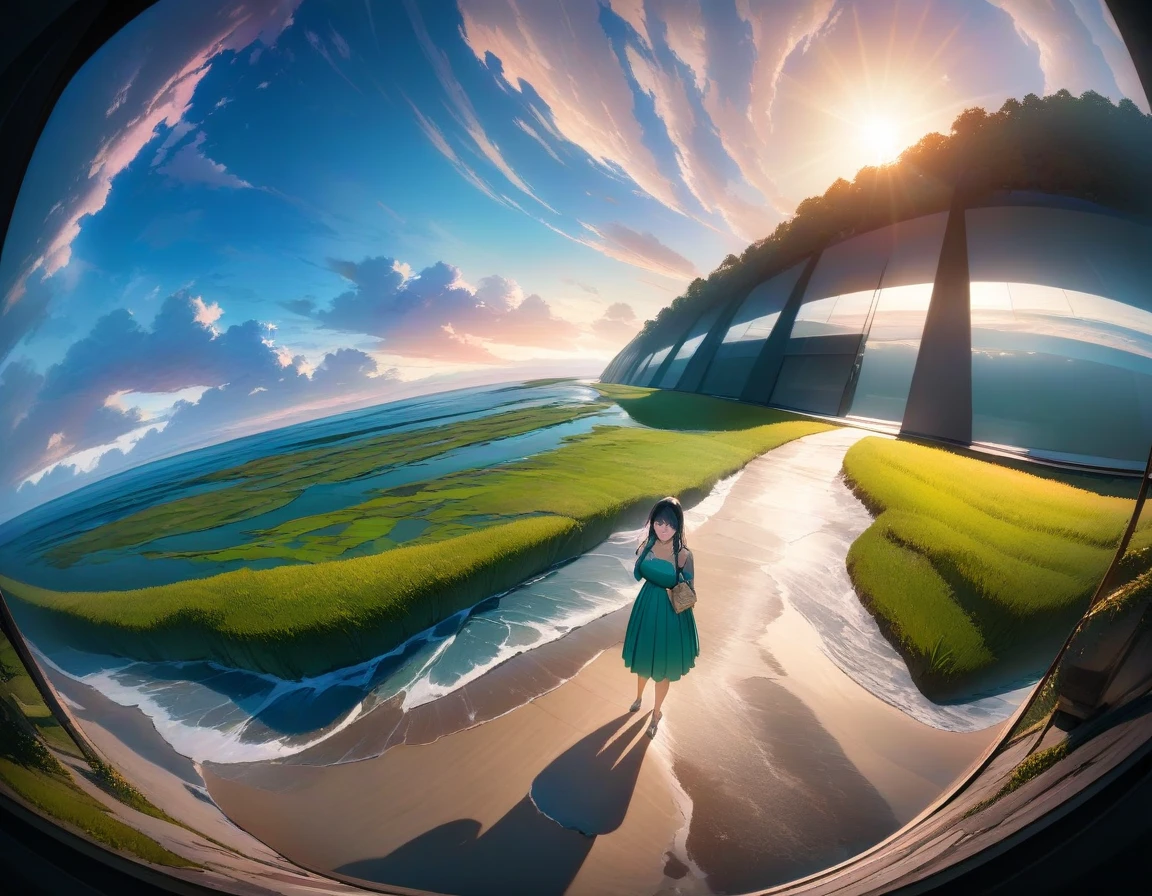 1girl, Ultra Wide Angle, aesthetic, extremely detailed, very aesthetic, absurdres, (best quality,4k,8k,highres,masterpiece:1.2),ultra-detailed,ultra wide angle,lens distortion,vivid colors,contrast,bokeh,low angle view,dramatic,grandiose,architectural beauty,expansive space,sweeping panoramic view,dynamic lines,imposing structures,cityscape,skyline,wide open sky,cloud formations,light and shadow play,emergent skyscrapers,modern urban architecture,spectacular visual impact,immersive experience,heroic scale