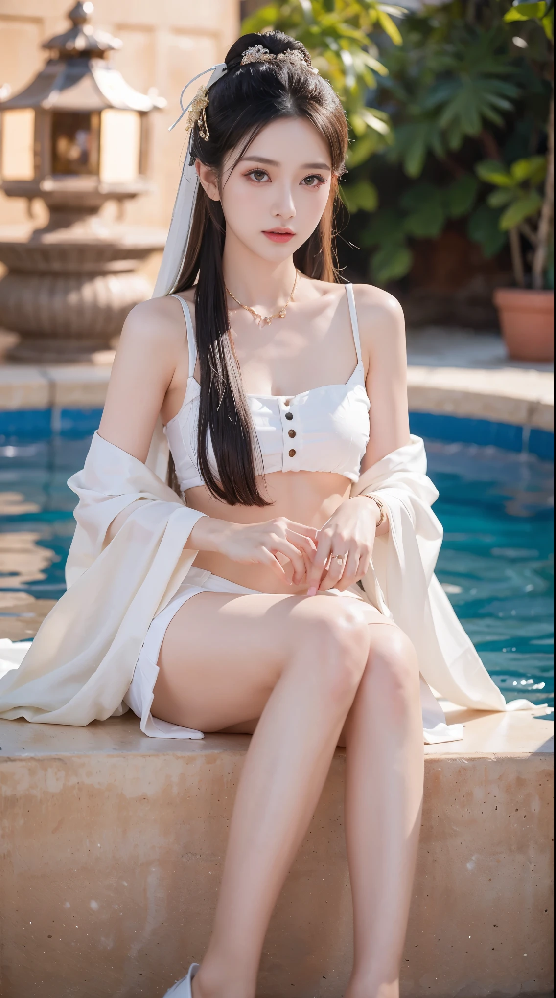 Best image quality，extremely high resolution，Very detailed，stunning girl，sitting in the pool，long eyelashes，big eyes，shining eyes，lying silkworm，plump lips，small nose，happy expression，Sweet，Exquisite makeup，full-body shot，snow white skin，slim figure，take off shoulders，clavicle，abdomenband，abdomen，abdomen button，Slender white legs，White and tender skin，White embroidered mini skirt，necklace，Showing thighs，lace，Sweet，long hair flying，best quality，masterpiece，full-body shot，facial focus，slim figure，细腰白色abdomenband，imagine，full-body shot
Model: hanfu, CFG size: 7, Hire high-end talents: 1.5, Laura: future fashion(0.4)、neon(0.4)、martial arts(0.8)、Asian Face Girls-2(0.4)、poetic fairy tale(0.01)