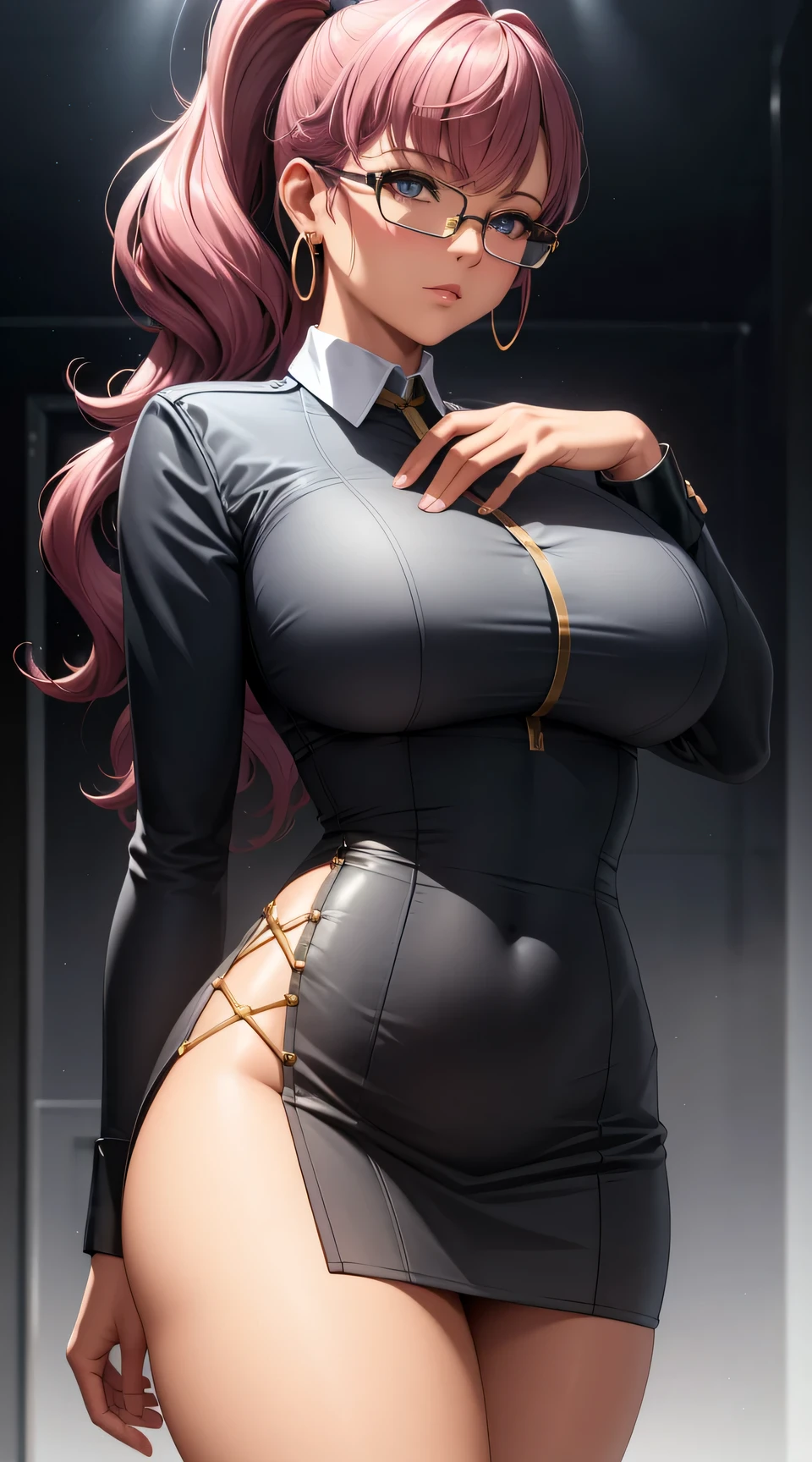 (best quality:1.5, highres, UHD, 4K, detailed lighting, shaders), gold curly haired, gradient hair, large breasts, suit, gray shirt, social shirt, short skirt, mature woman with glasses, perfect fingers, (pov), white background, colorful eyeshadow, dramatic lighting, sparkling eyes, sensual expression, golden earrings, flowing hair, delicate facial features, dark skin, high cheekbones, urban setting, white background, dont look for the camera, lean forward, ( pose : behind the camera), render top to down