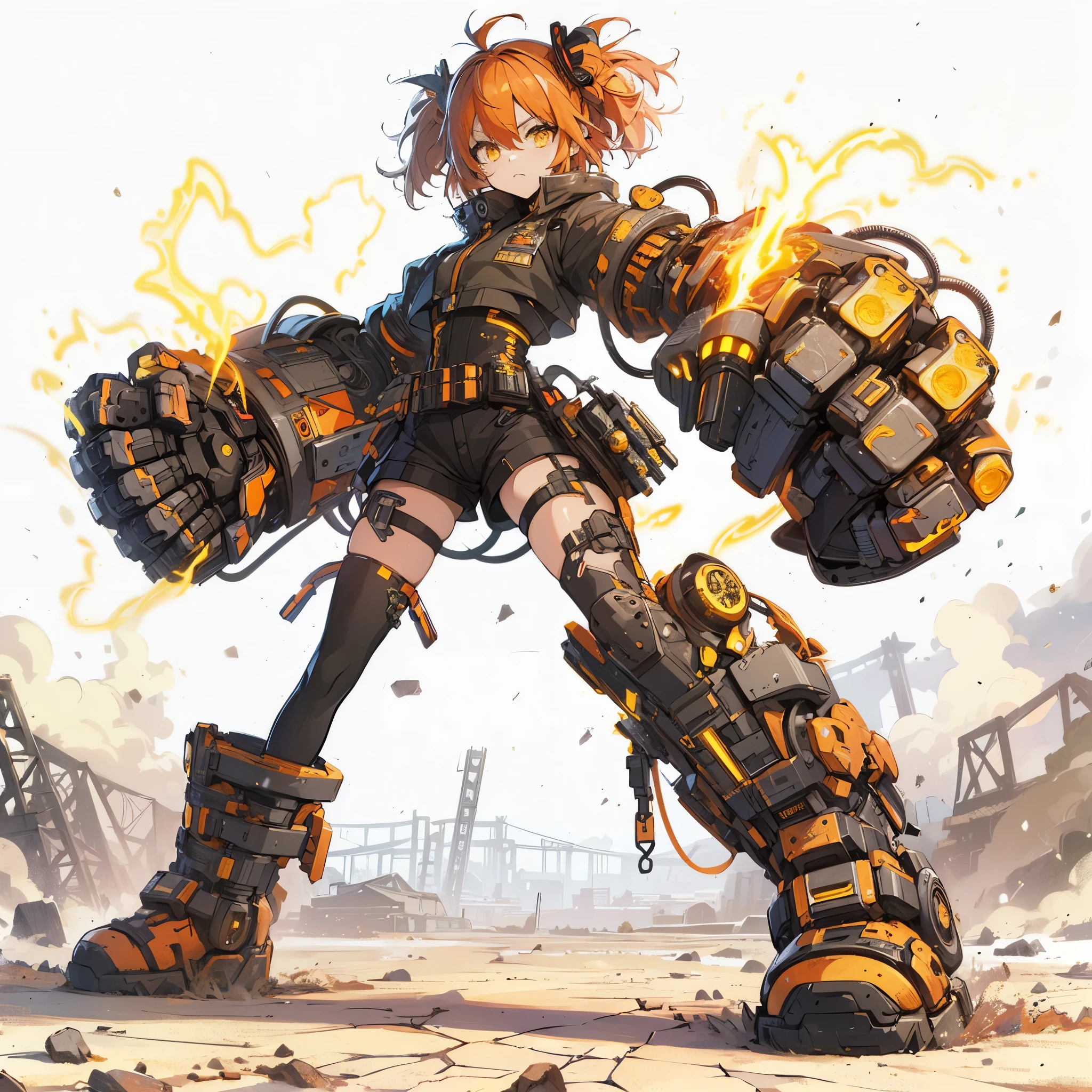 (masterpiece, best quality), ultra detailed, anime style, full body, solo, cute cyberpunk KARATE girl, orange hair and yellow eyes, cyberpunk outfit, hi-tech gauntlets, Lightning and thunder in the air, hi-tech boots, standing in wasteland, digital painting, 8K high resolution, art station trend, white background, whole body,