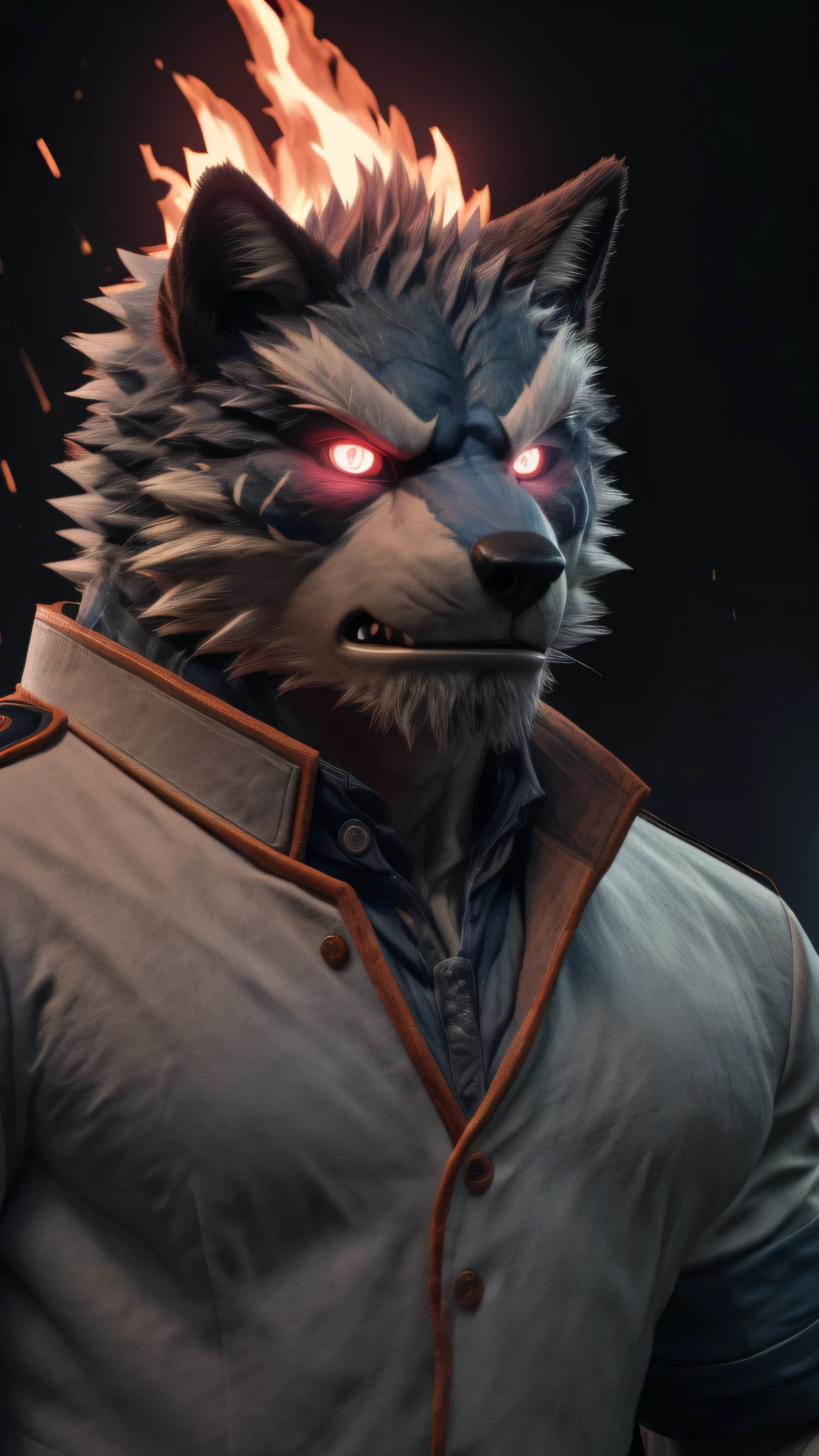 (best quality,8k,highres,masterpiece:1.2),ultra-detailed,(photorealistic:1.37),(the ultimate Orochi argo),red glowing eyes,staring at the viewer,detailed facial features,same design as Iori Yagami,background from The King of Fighters XV,fiery background,serious expression,on a realistic face,in 8k.
