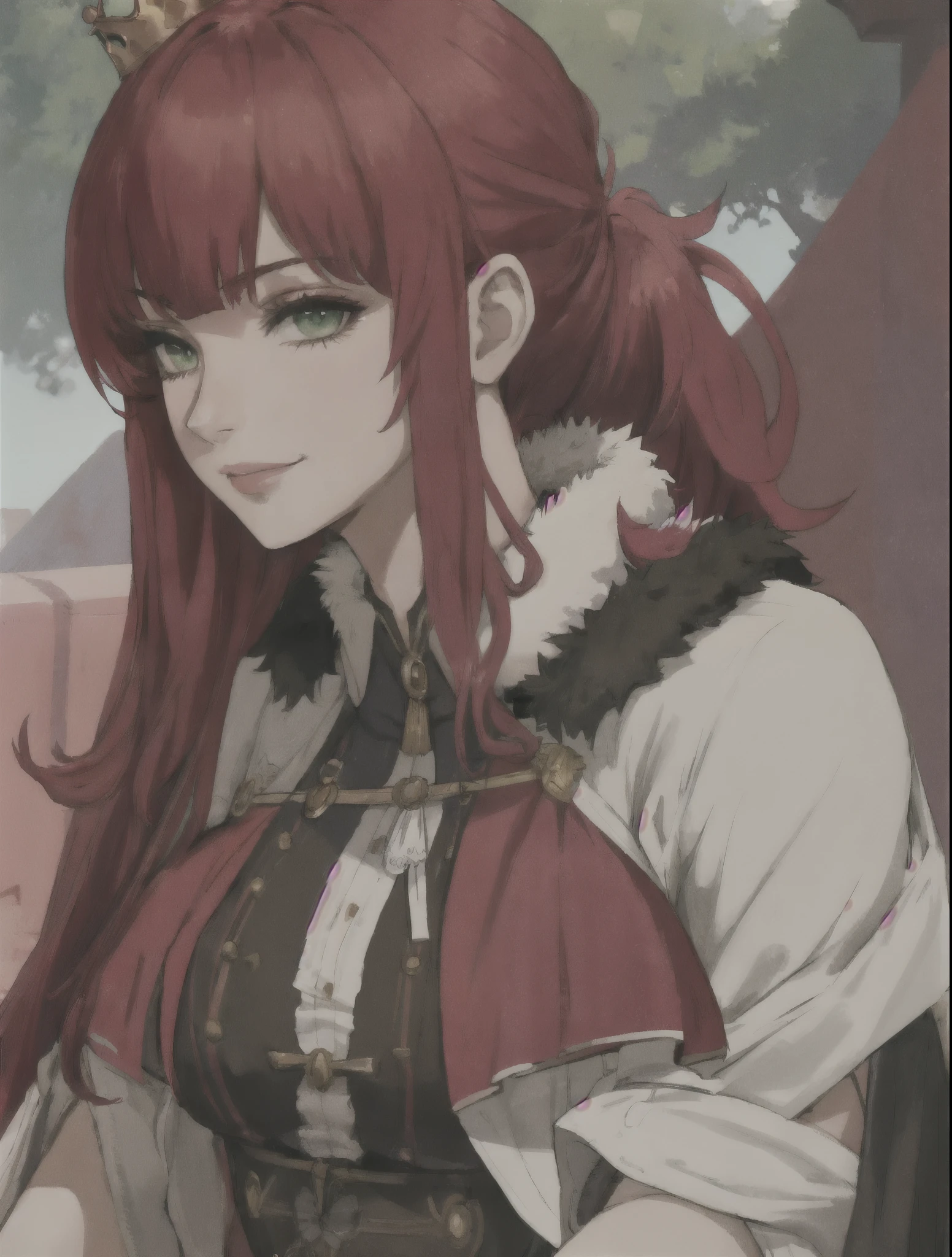 detallado((masterpiece)), ((best quality)), 1girl, adult, long hair, big bust, ((red hair)), ((intimidant look)), ((close-up)), profile image, black and red clothes, sexy, ((coat with fur)), ((wavy hair)), exposed skin, ((sexy pose)), good anatomy, ((queen clothes)), ((straight cut bangs)), emotionless, intimidant, ((beautiful eyes)), close up, ((detailed eyes)), ((detailed face)), hair bang, frontal look, relaxed, smile, queen, ponytail, green eyes, golden crown