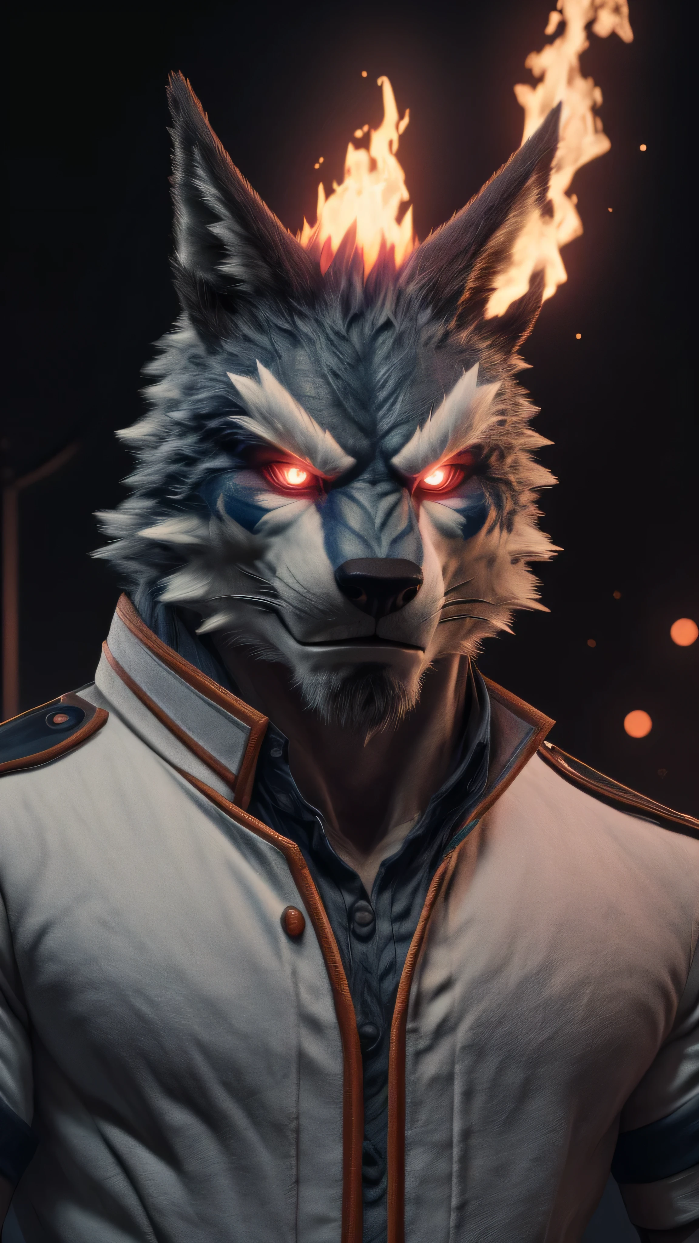 (best quality,8k,highres,masterpiece:1.2),ultra-detailed,(photorealistic:1.37),(the ultimate Orochi argo),red glowing eyes,staring at the viewer,detailed facial features,same design as Iori Yagami,background from The King of Fighters XV,fiery background,serious expression,on a realistic face,in 8k.