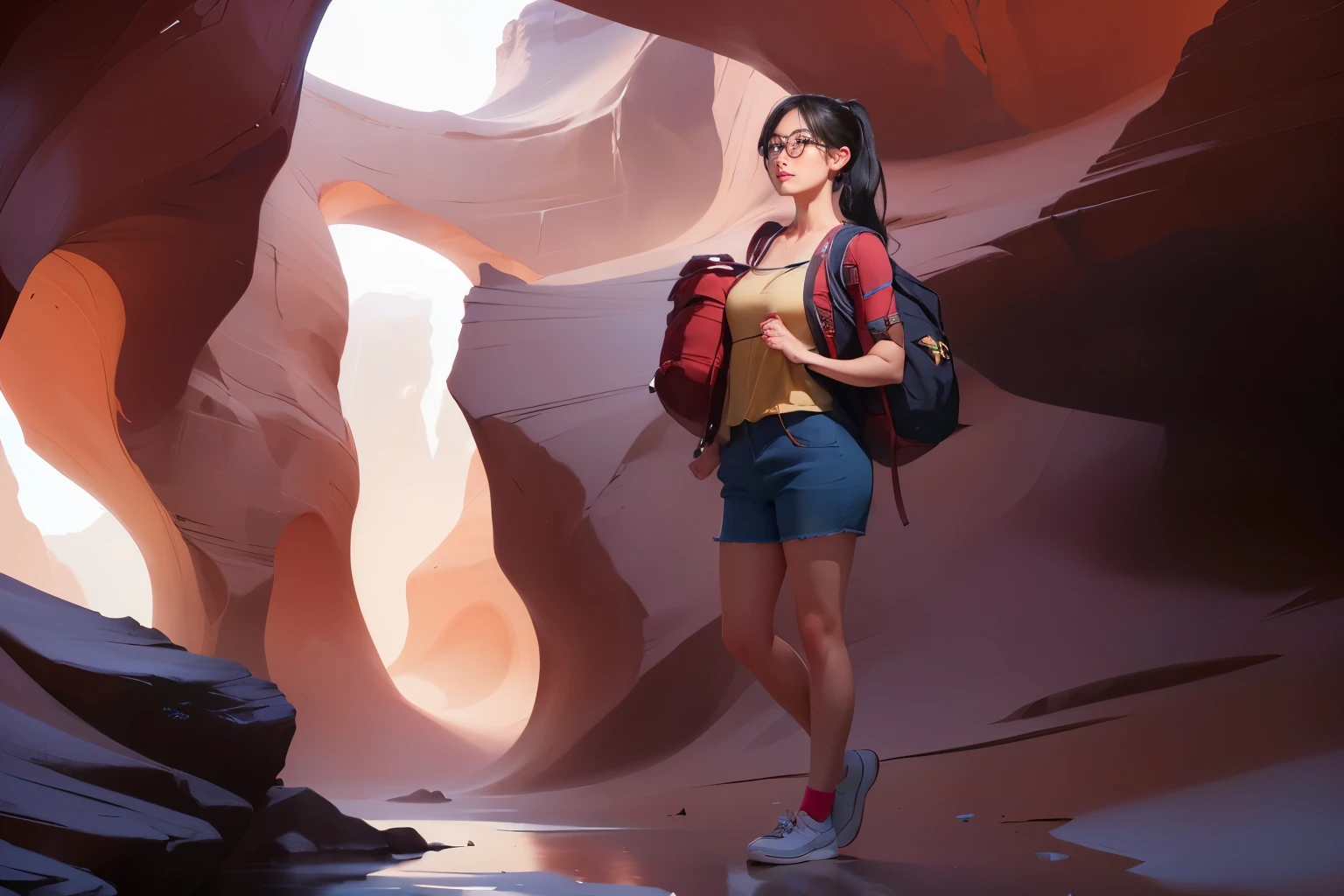 ((wide angle, full body image)) beautiful female tourist, black hair, ponytail, bangs, wearing large glasses, smirk, ((wearing a Backpacker style outfit)), morning light, Antelope Canyon