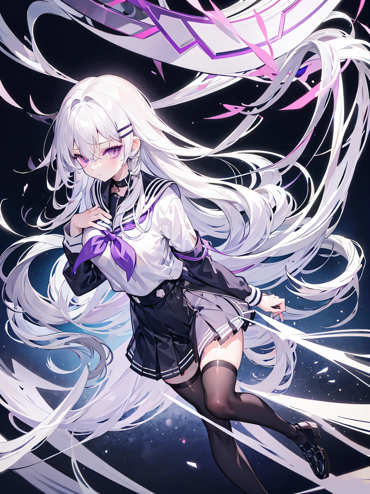 Long silver-white hair and waist,purple eyes,Thin hairpins,messy hair,,sailor uniform school uniform,huge ,fair skin,Put your hands behind your back,faint smile,black stockings,full body pictures,Eye highlights,in school,girl