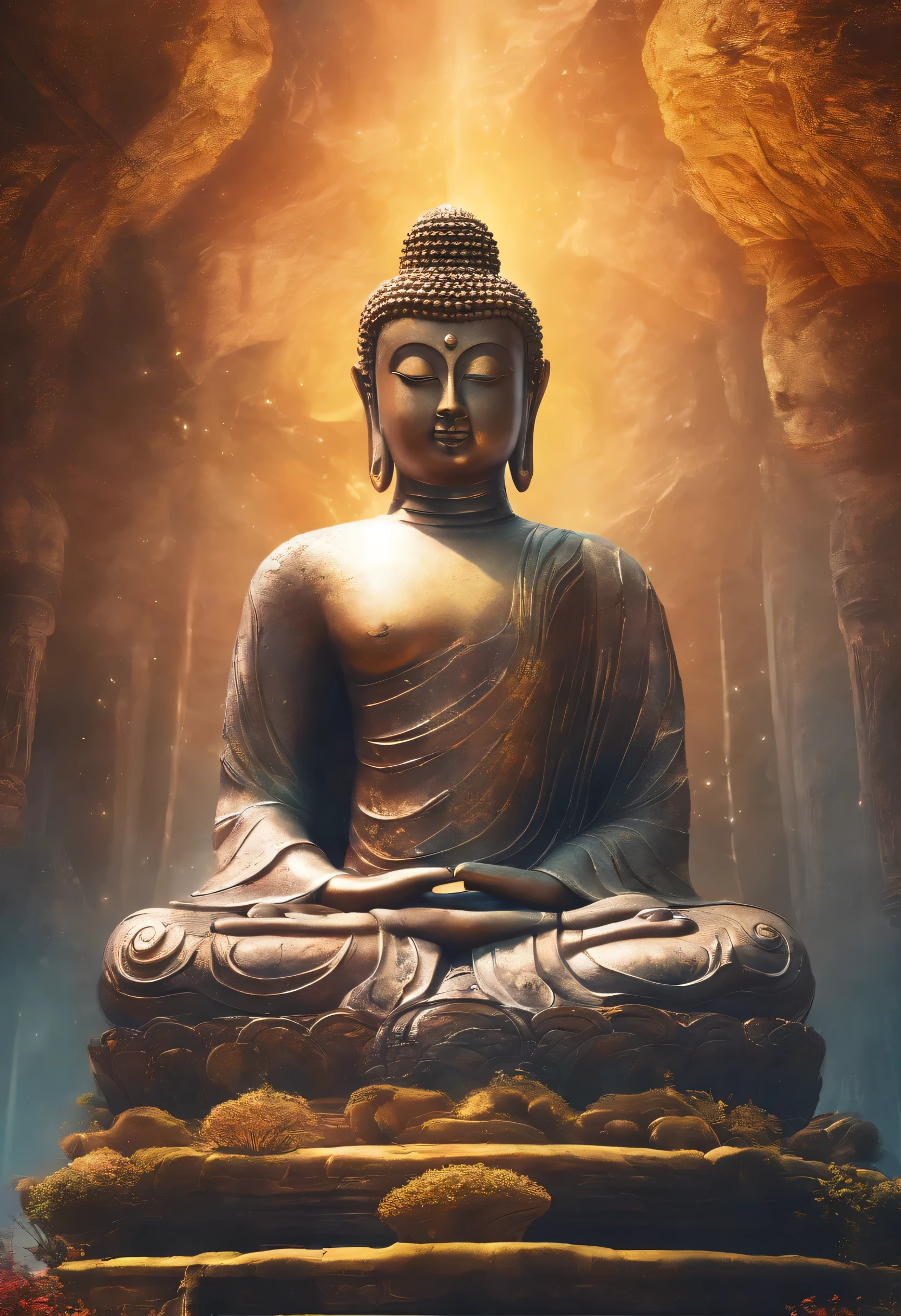 Buddha statue, Stone, texture, High, majestic, background illuminated by sunlight，inverted image，side, movie lighting, godly environment, 8K
