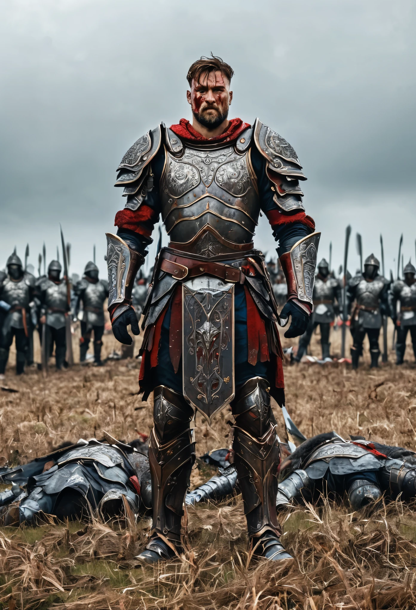 Noble warrior, muscular, bloody, broken armor, shattered sword, standing in a field full of bodies of fallen warriors
