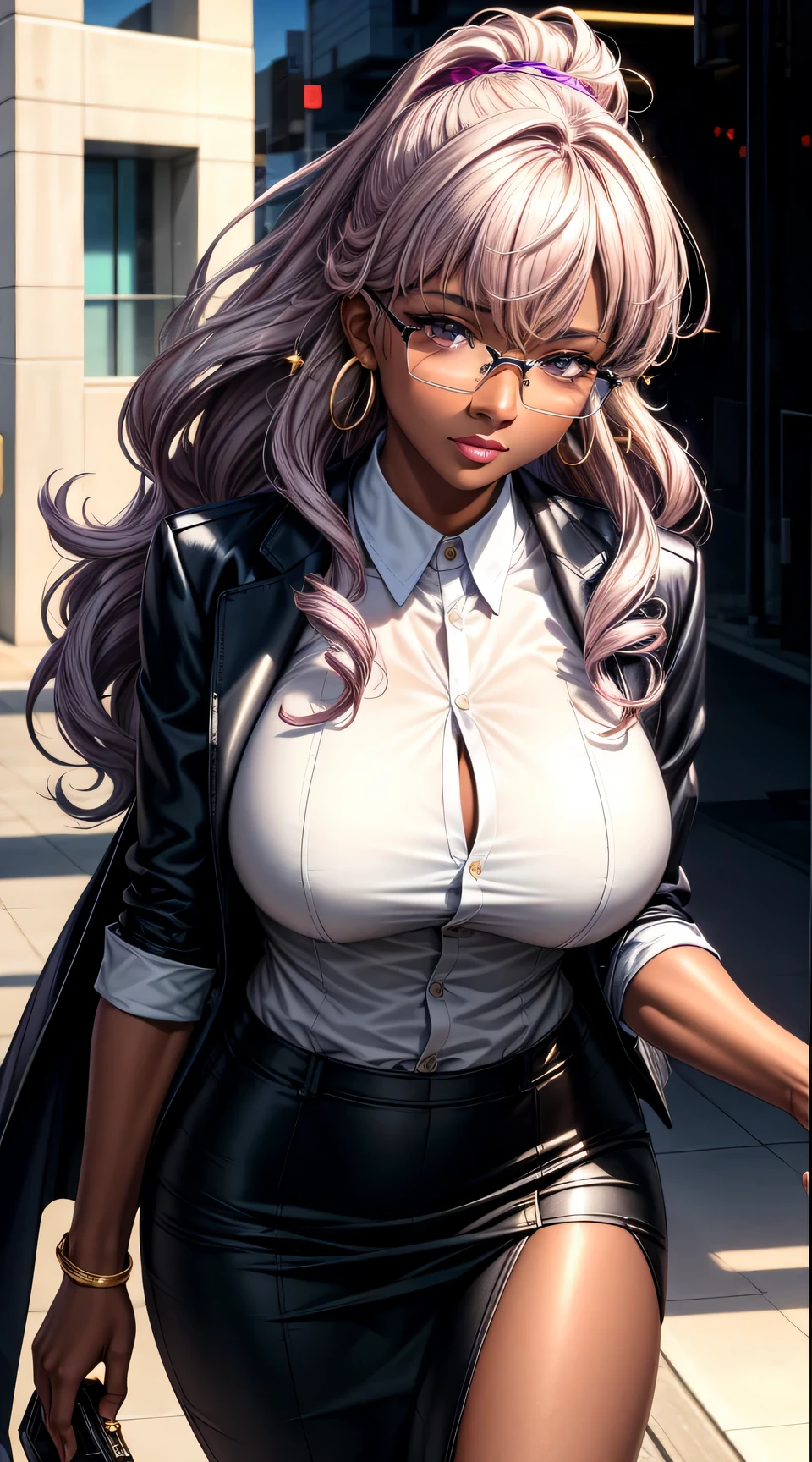(best quality:1.5, highres, UHD, 4K, detailed lighting, shaders), gold curly haired, gradient hair, large breasts, suit, gray shirt, social shirt, short skirt, mature woman with glasses, perfect fingers, (pov), white background, colorful eyeshadow, dramatic lighting, sparkling eyes, sensual expression, golden earrings, flowing hair, delicate facial features, dark skin, high cheekbones, urban setting, white background, dont look for the camera, lean forward, ( pose : behind the camera), render top to down.