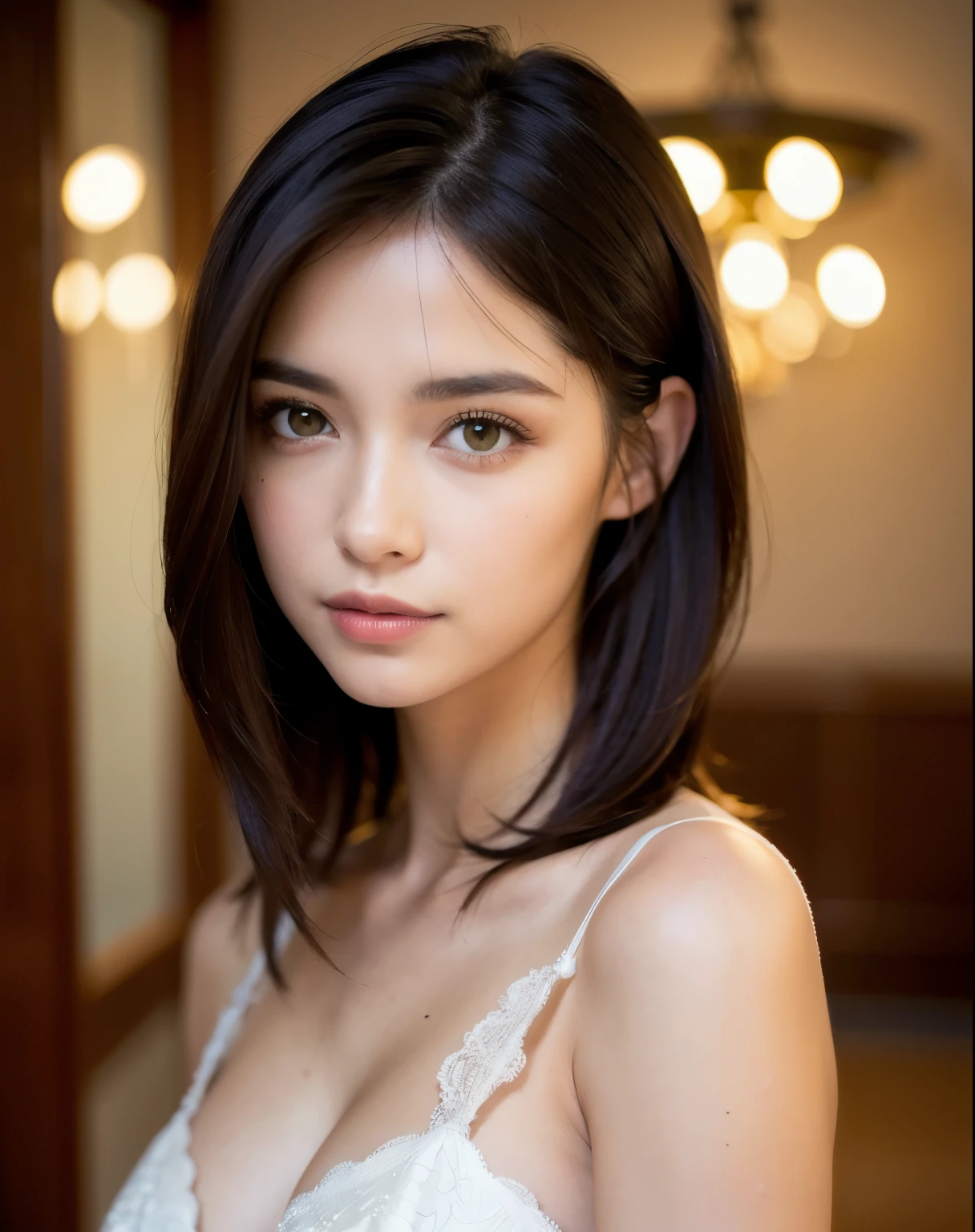 Mejor calidad, enfoque facial, Luz tenue, ultra high resolution, (Fotorrealista:1.4), foto cruda,
1 chica japonesa, solo, lindo, (Alumno, luces en los ojos), cara hermosa detallada, (small chest),(High resolution detail of human skin texture.),
(pelo largo),
interior,
Vestido camisero damasco,
(retrato),(sin ropa)