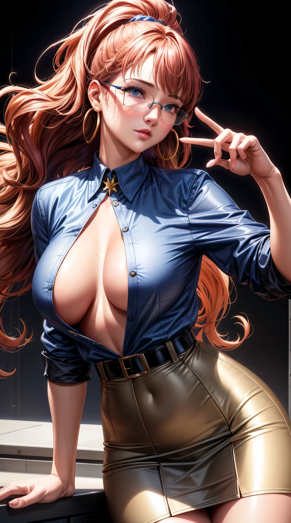 (best quality:1.5, highres, UHD, 4K, detailed lighting, shaders), gold curly haired, gradient hair, large breasts, suit, gray shirt, social shirt, short skirt, mature woman with glasses, perfect fingers, (pov), white background, colorful eyeshadow, dramatic lighting, sparkling eyes, sensual expression, golden earrings, flowing hair, delicate facial features, red skin, high cheekbones, urban setting, white background, dont look for the camera, lean forward, ( pose : behind the camera), render top to down.