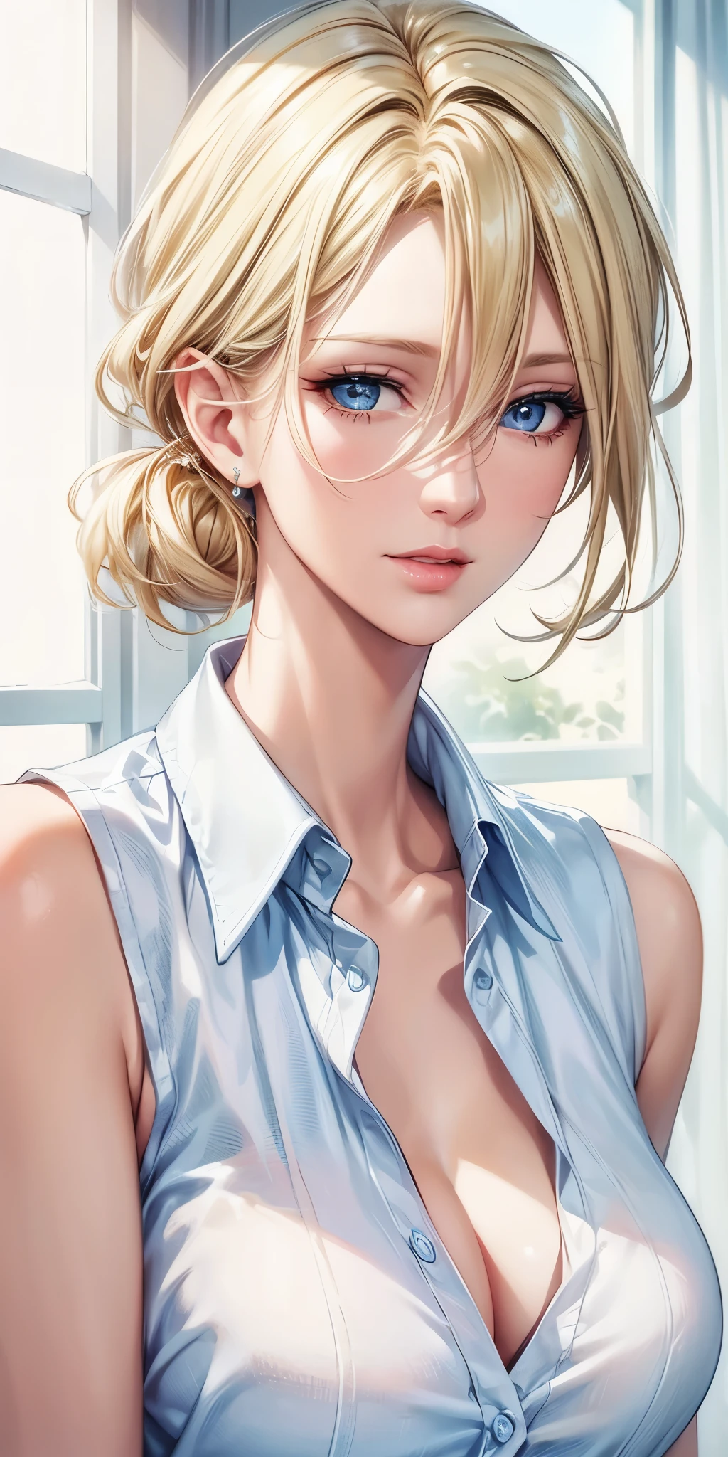 portrait, realistic, elegant mature woman, blue eyes, blonde hair, 4k resolution, beautiful cg, soft light