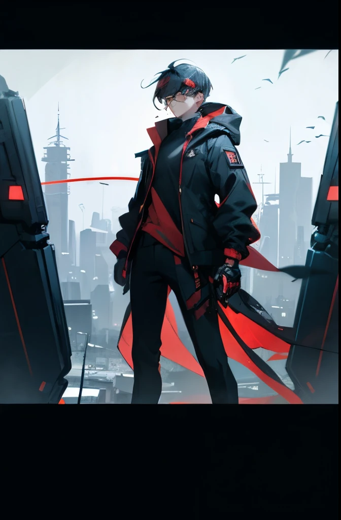 A man in a black jacket and glasses stands in front of a futuristic city, jogo VR, vibe cyberpunk, fundo de anime, quarto de jogos, television with large computer,