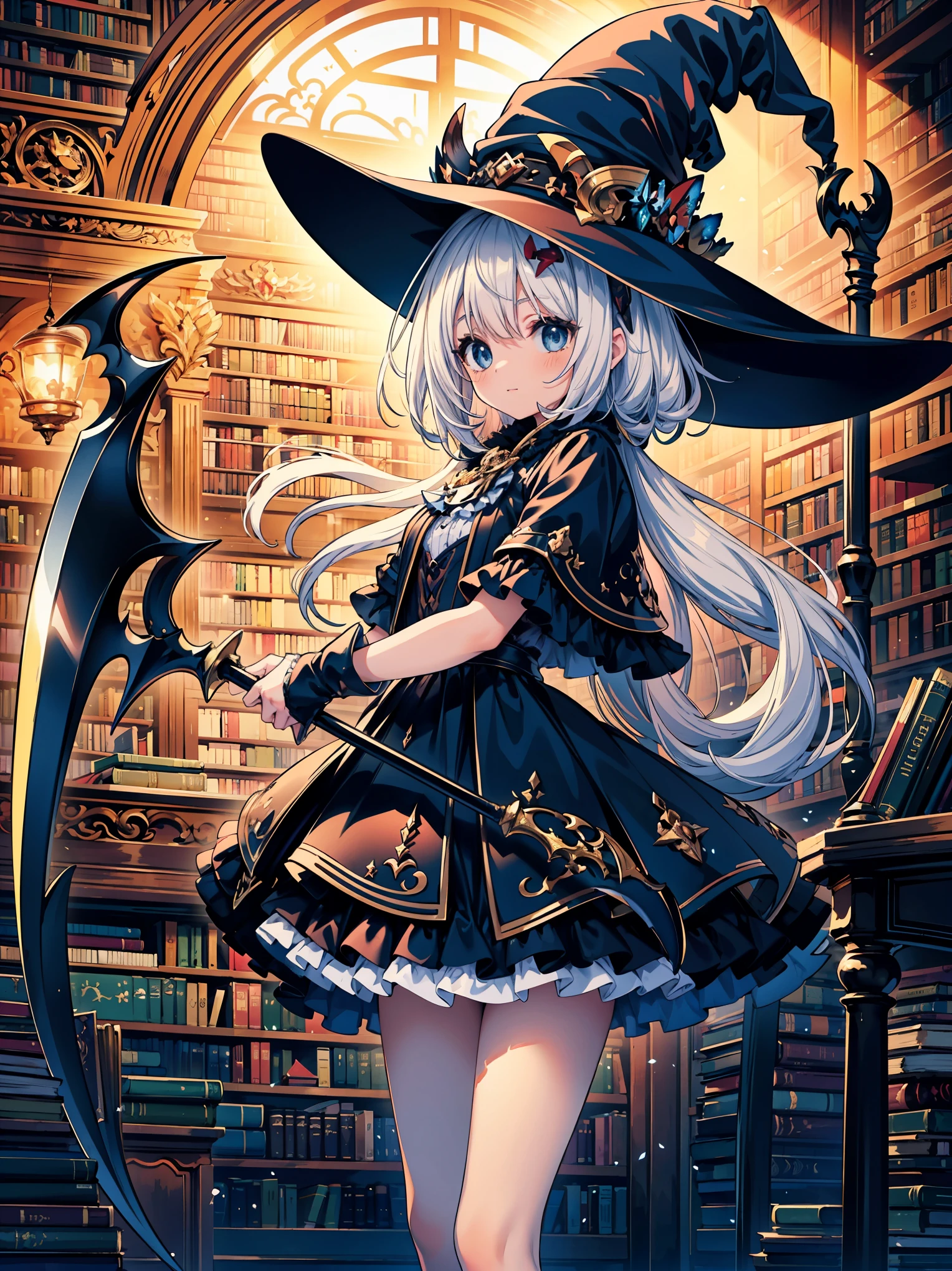 (masterpiece), best quality, highly detailed, A Magus girl with white hair holdding a magical scythe, witch hat, huge horn, frill short skirt, red and black outfit, scythe, magic light, background is library ,libraryai