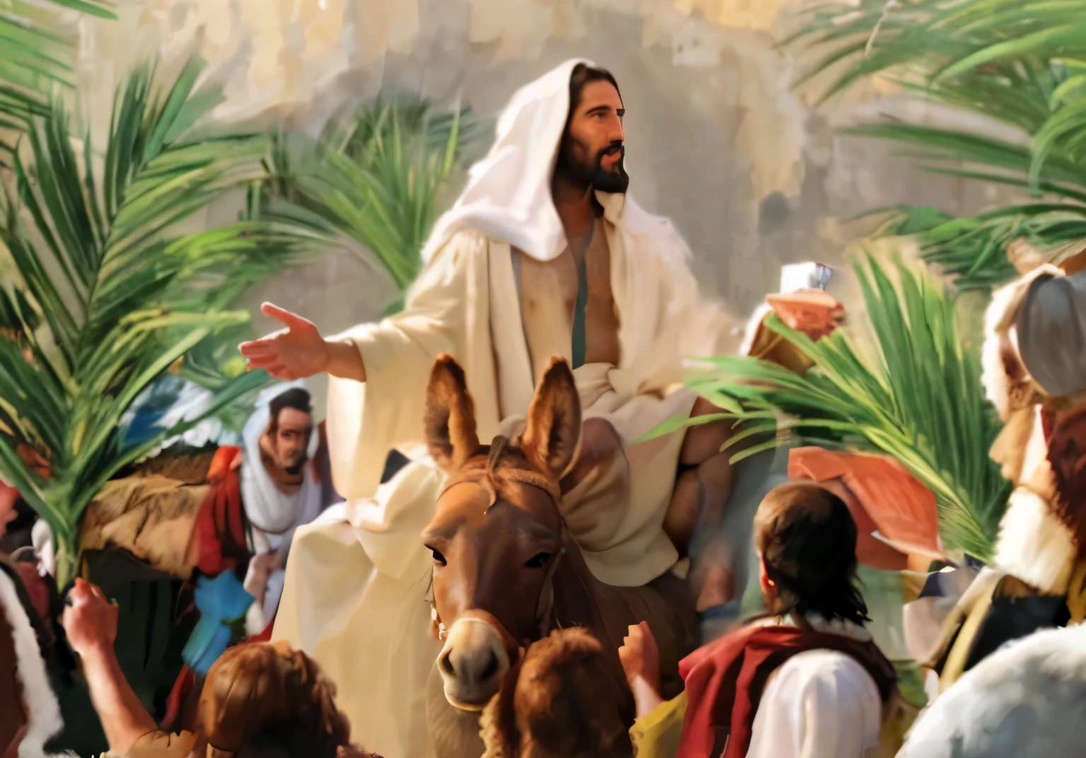 una pintura de un hombre en bata sentado en un burro, bible illustration, bendiciendo palmas, Jesus lost in a , epic biblical representation, artista desconocido, Jesus de Nazareth, las palmas vienen del suelo, por Bernard Meninsky, Jesucristo, biblical painting, Rey de Reyes, por Antonio Ciseri, hermosa imagen estilo Modo realista 