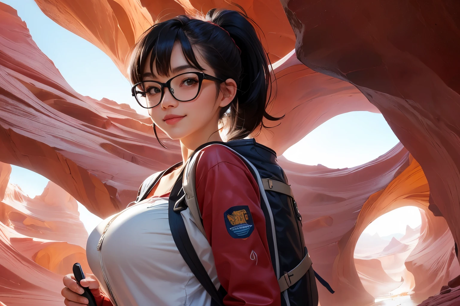 ((wide angle)) beautiful female tourist, black hair, ponytail, bangs, wearing large glasses, smirk, ((wearing a Backpacker style outfit)), morning light, Antelope Canyon